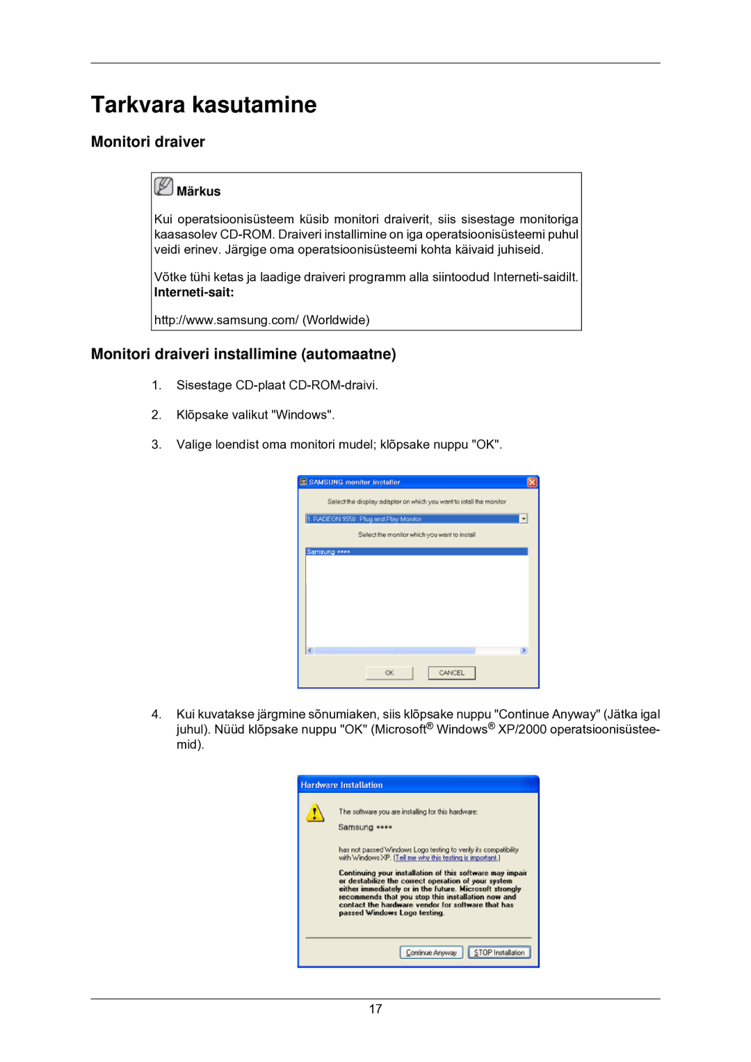 Samsung LS22CMKKFV/EN manual Tarkvara kasutamine, Monitori draiveri installimine automaatne, Interneti-sait 