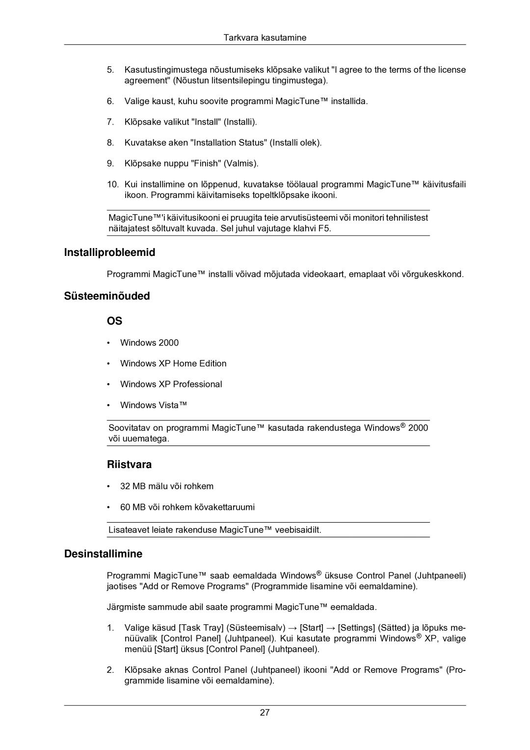 Samsung LS22CMKKFV/EN manual Installiprobleemid, Süsteeminõuded, Riistvara, Desinstallimine 