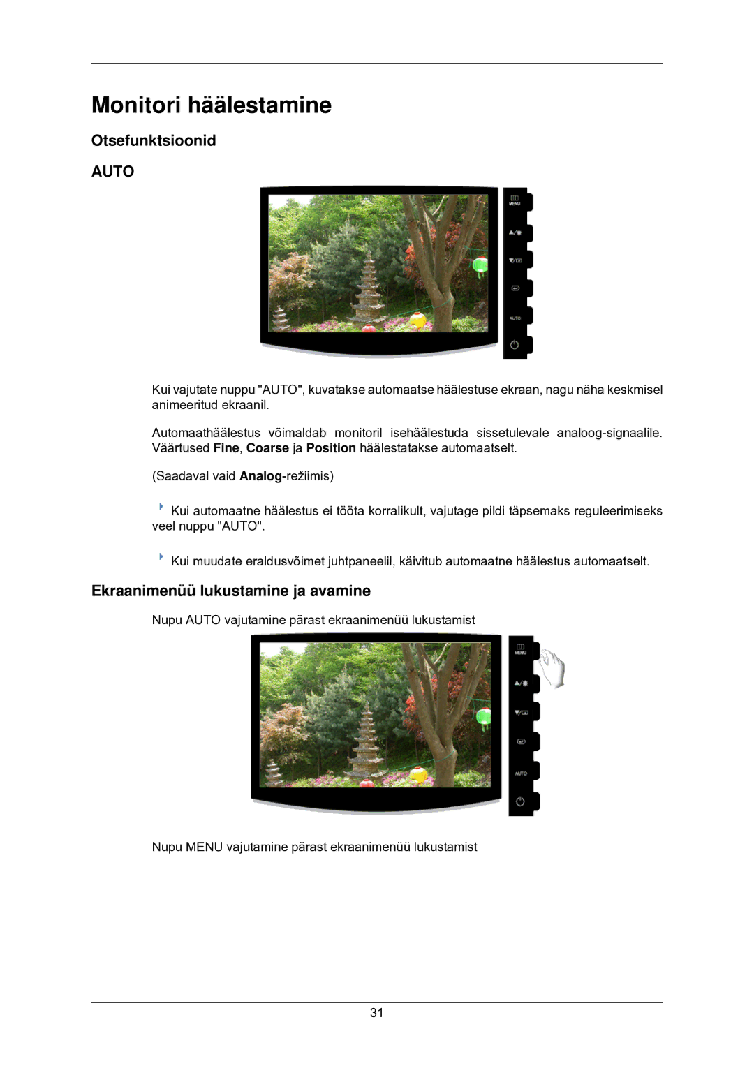 Samsung LS22CMKKFV/EN manual Monitori häälestamine, Otsefunktsioonid, Ekraanimenüü lukustamine ja avamine 