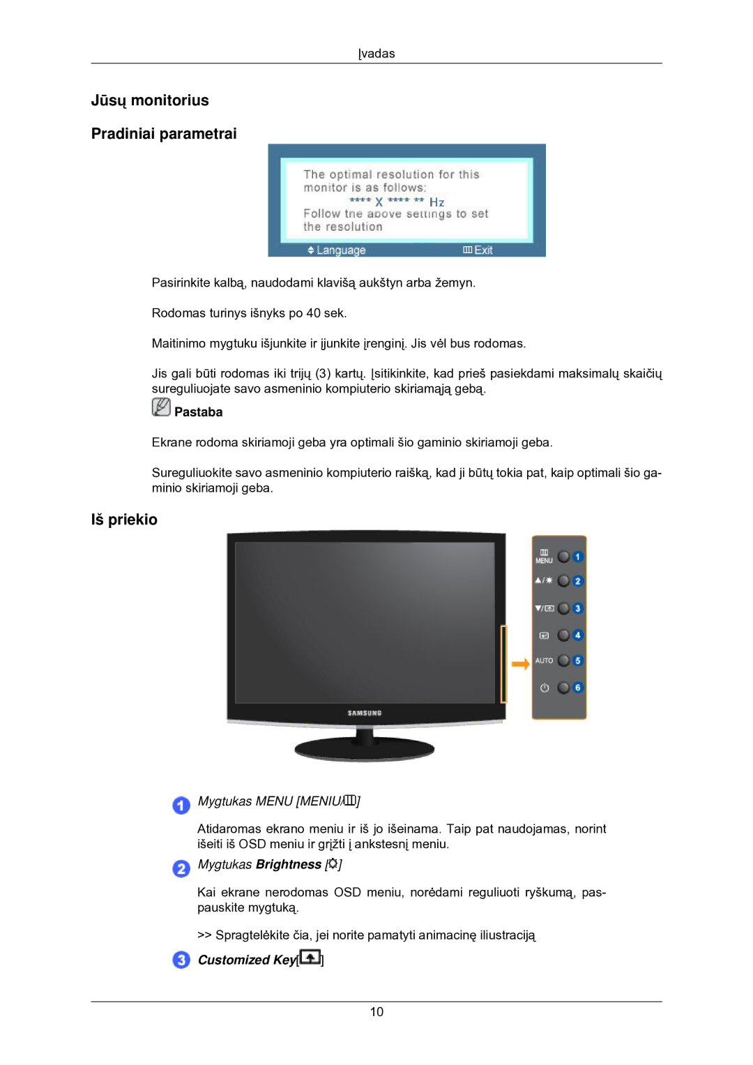 Samsung LS22CMKKFV/EN manual Jūsų monitorius Pradiniai parametrai, Iš priekio 