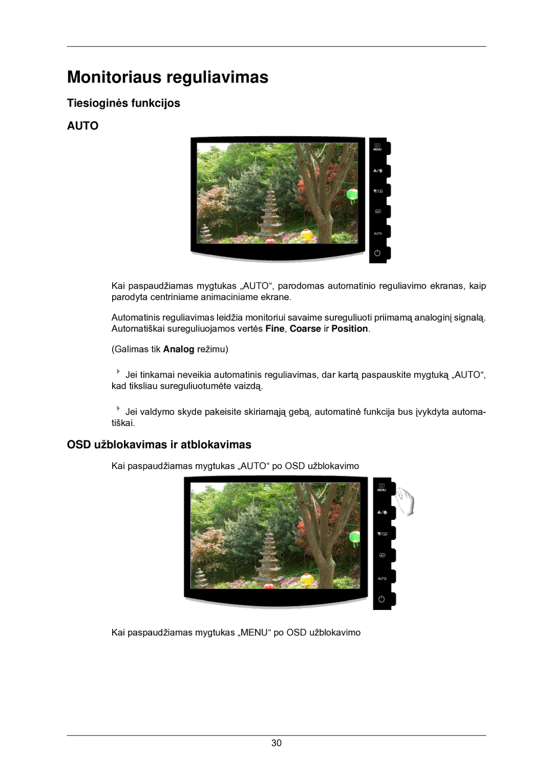 Samsung LS22CMKKFV/EN manual Monitoriaus reguliavimas, Tiesioginės funkcijos, OSD užblokavimas ir atblokavimas 