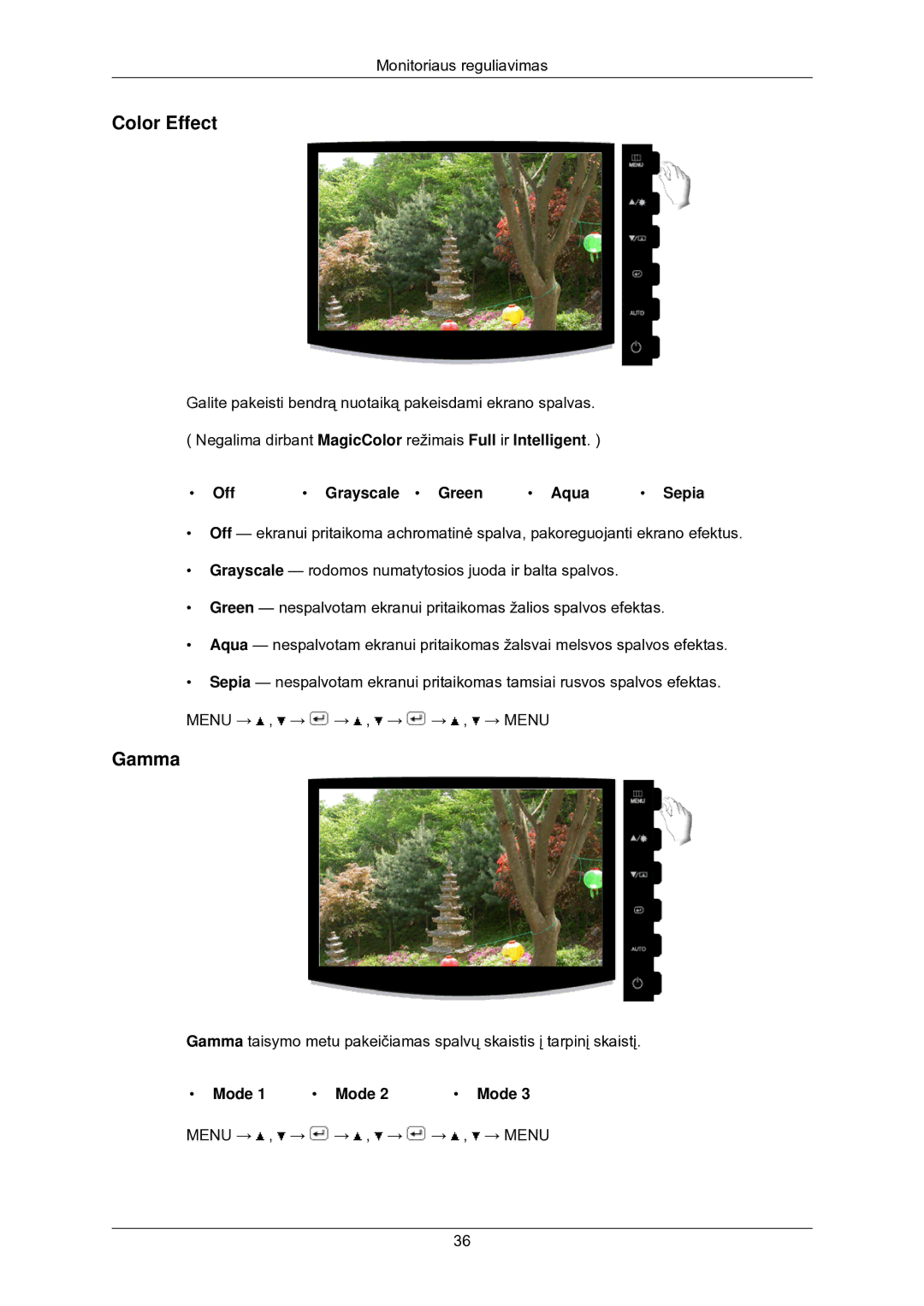 Samsung LS22CMKKFV/EN manual Color Effect, Gamma, Off Grayscale Green Aqua Sepia, Mode 