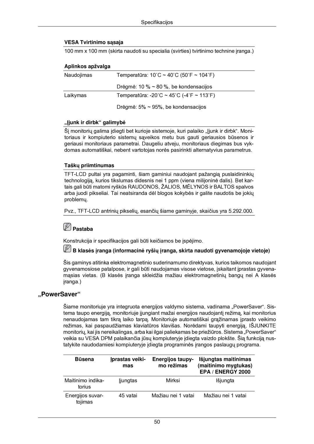 Samsung LS22CMKKFV/EN „PowerSaver, Vesa Tvirtinimo sąsaja, Aplinkos apžvalga, „Įjunk ir dirbk galimybė, Taškų priimtinumas 