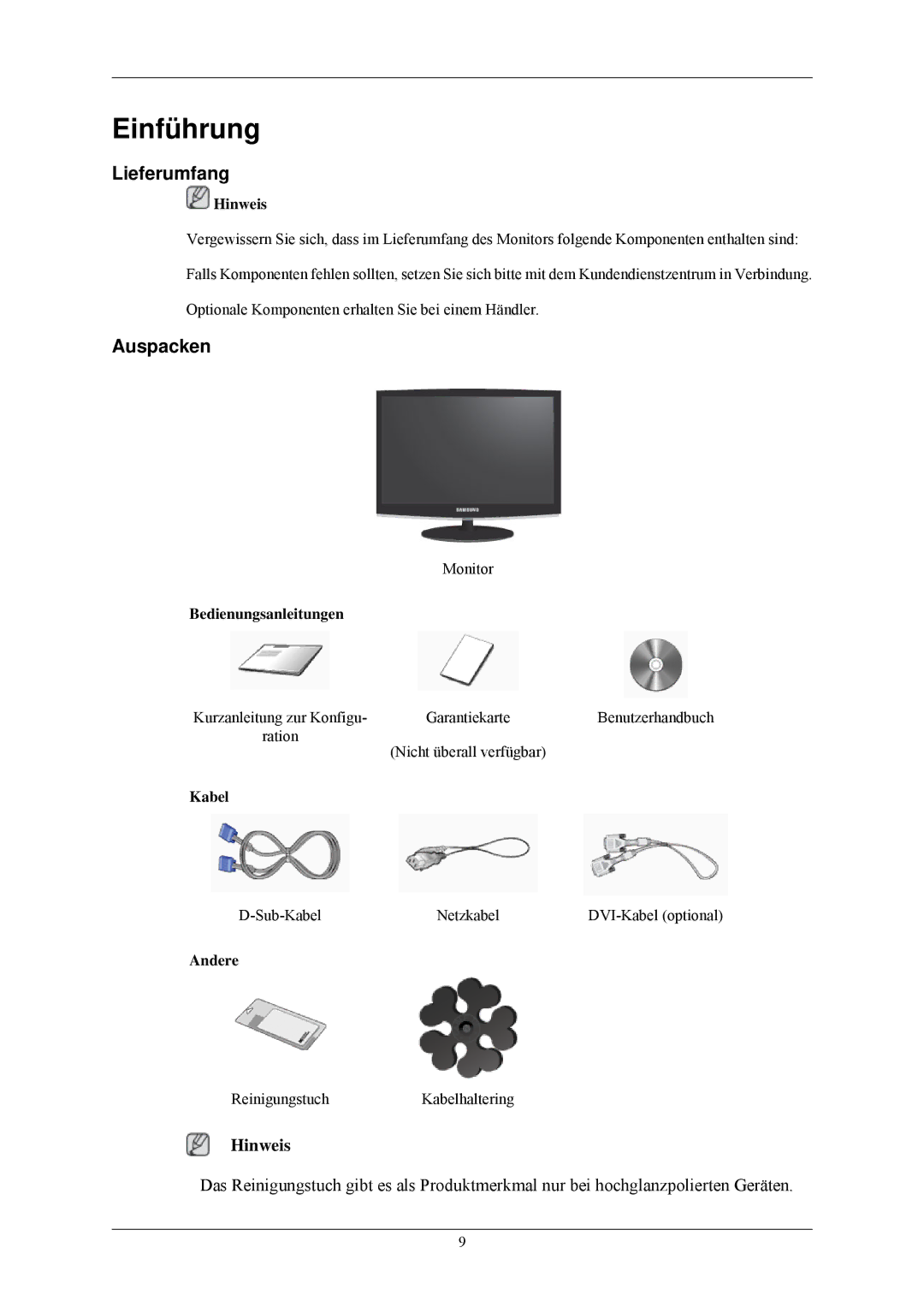 Samsung LS22CMKKH/XF, LS22CMKKHUA/EN, LS22CMKKFV/EN, LS22CMKKHU/EN, LS22CMKKFVA/EN manual Einführung, Lieferumfang, Auspacken 