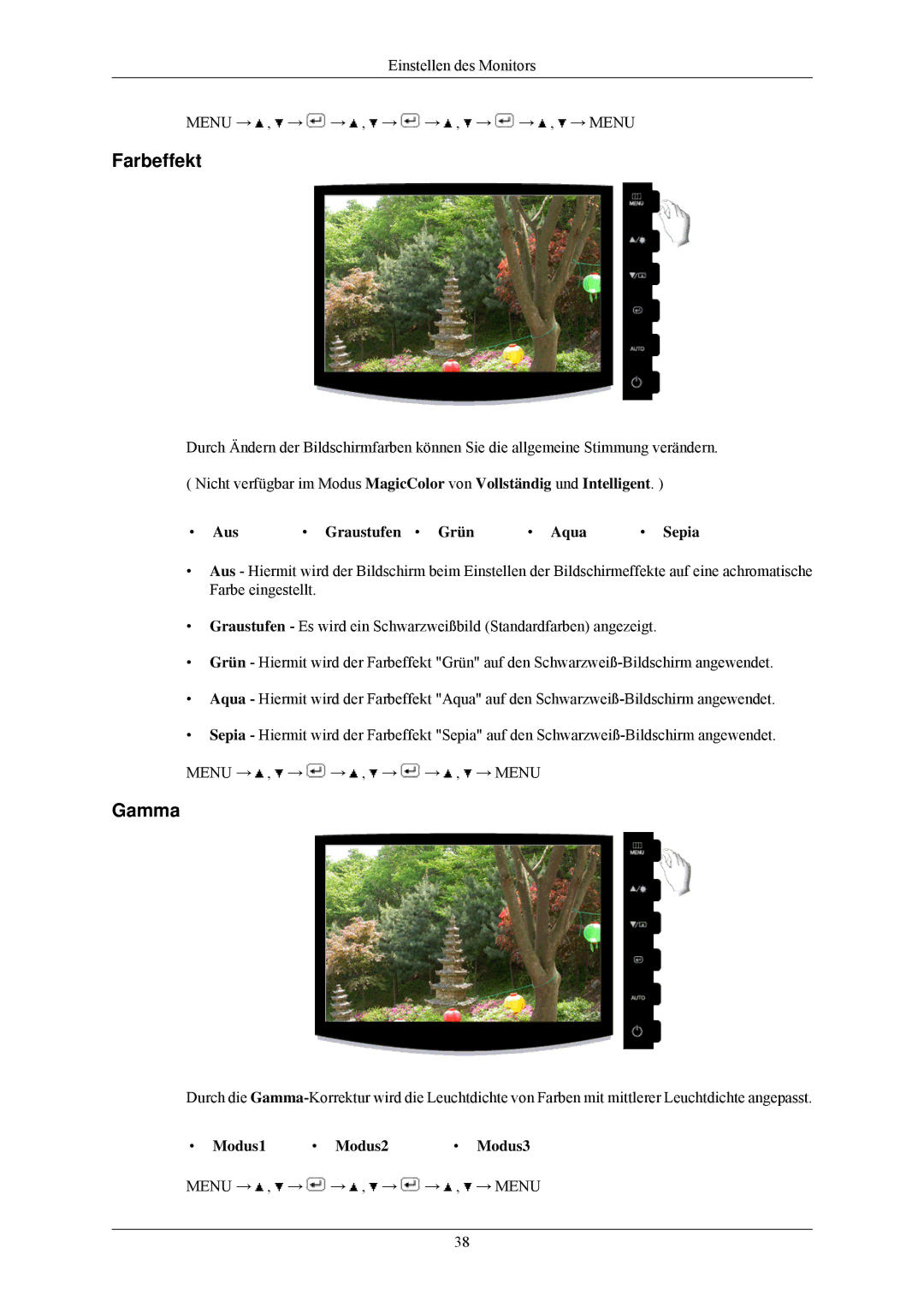 Samsung LS22CMKKFVA/EN, LS22CMKKH/XF, LS22CMKKFV/EN Farbeffekt, Gamma, Aus Graustufen Grün Aqua Sepia, Modus1 Modus2 Modus3 