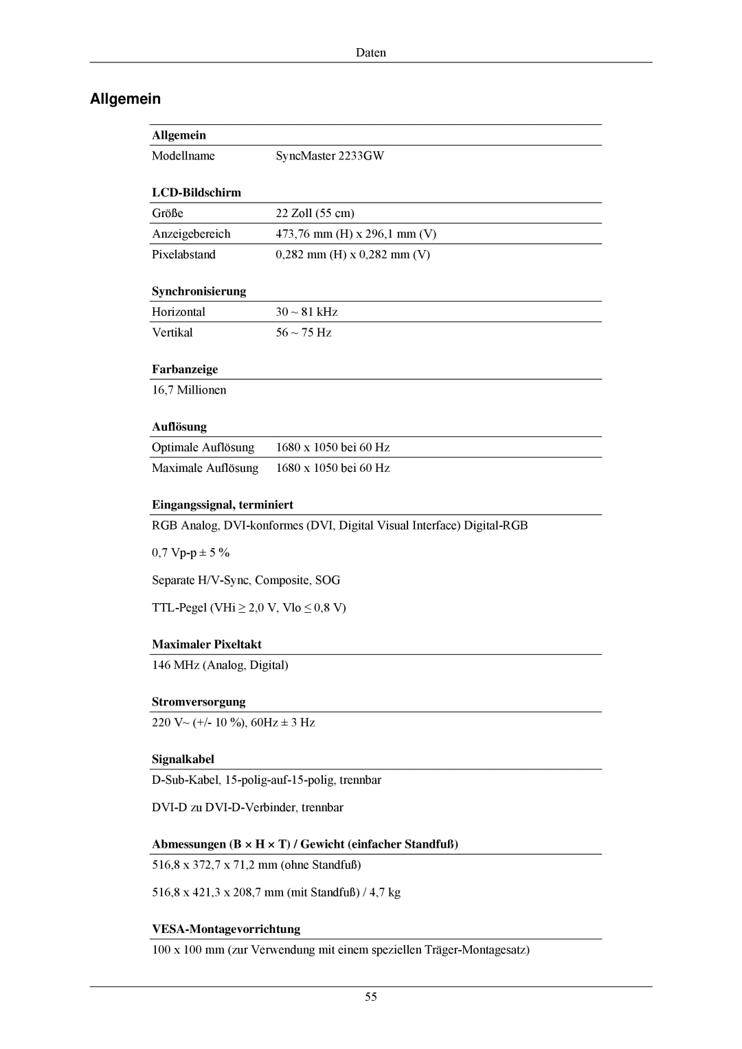 Samsung LS22CMKKHUA/EN, LS22CMKKH/XF, LS22CMKKFV/EN, LS22CMKKHU/EN, LS22CMKKFVA/EN manual Modellname SyncMaster 2233GW 