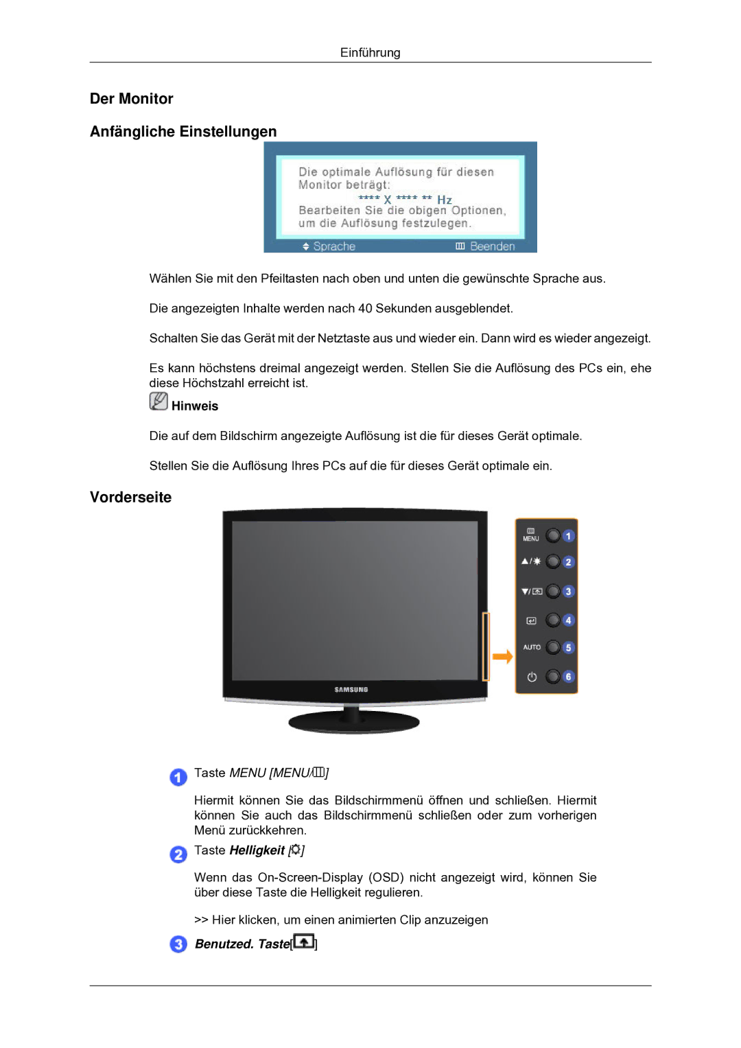 Samsung LS22CMYKF/EN manual Der Monitor Anfängliche Einstellungen, Vorderseite 