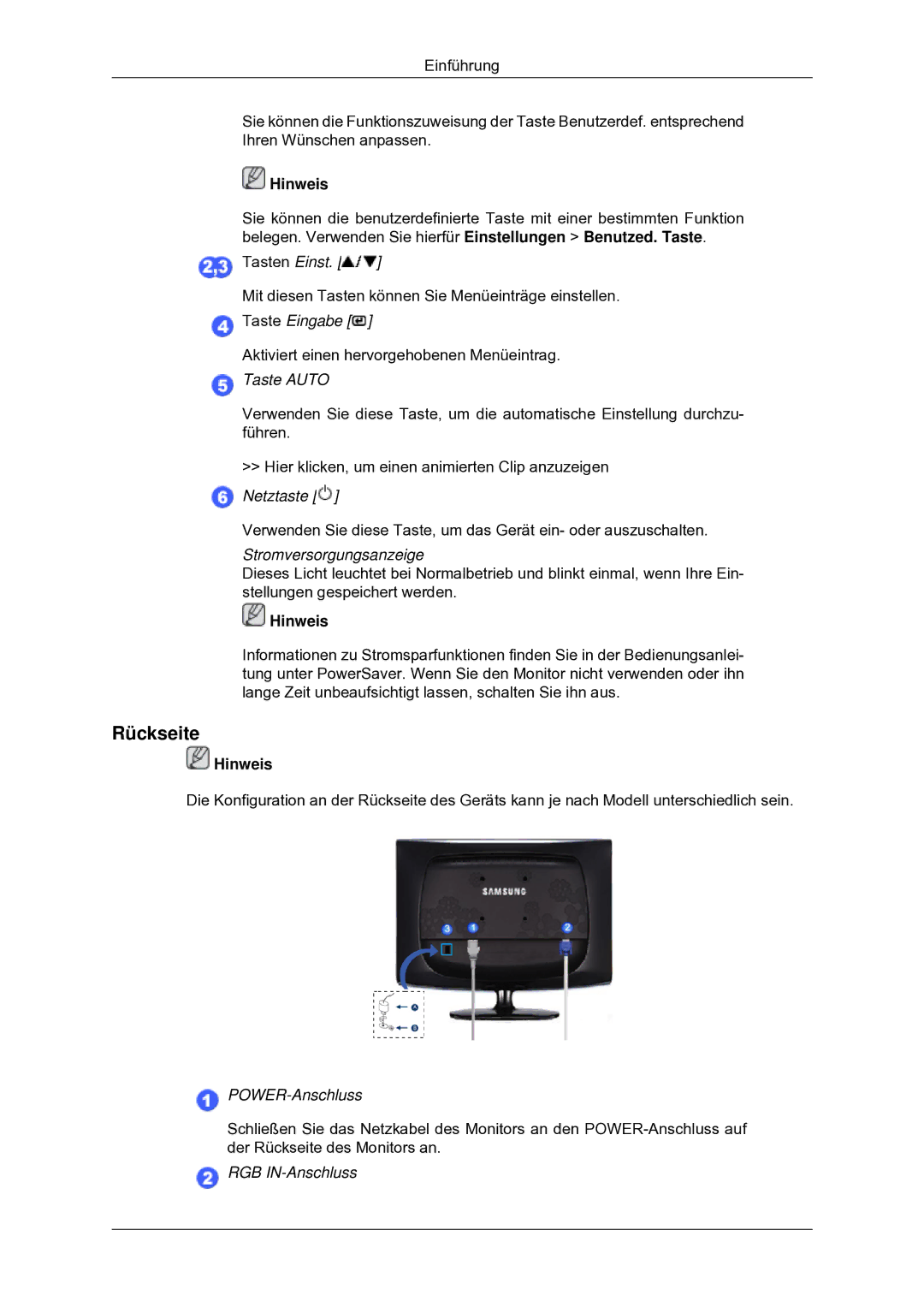 Samsung LS22CMYKF/EN manual Rückseite, Taste Auto 