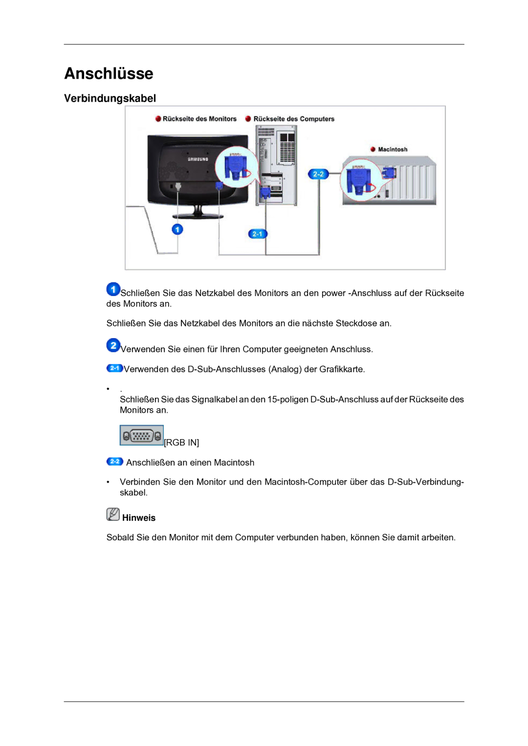 Samsung LS22CMYKF/EN manual Anschlüsse, Verbindungskabel 