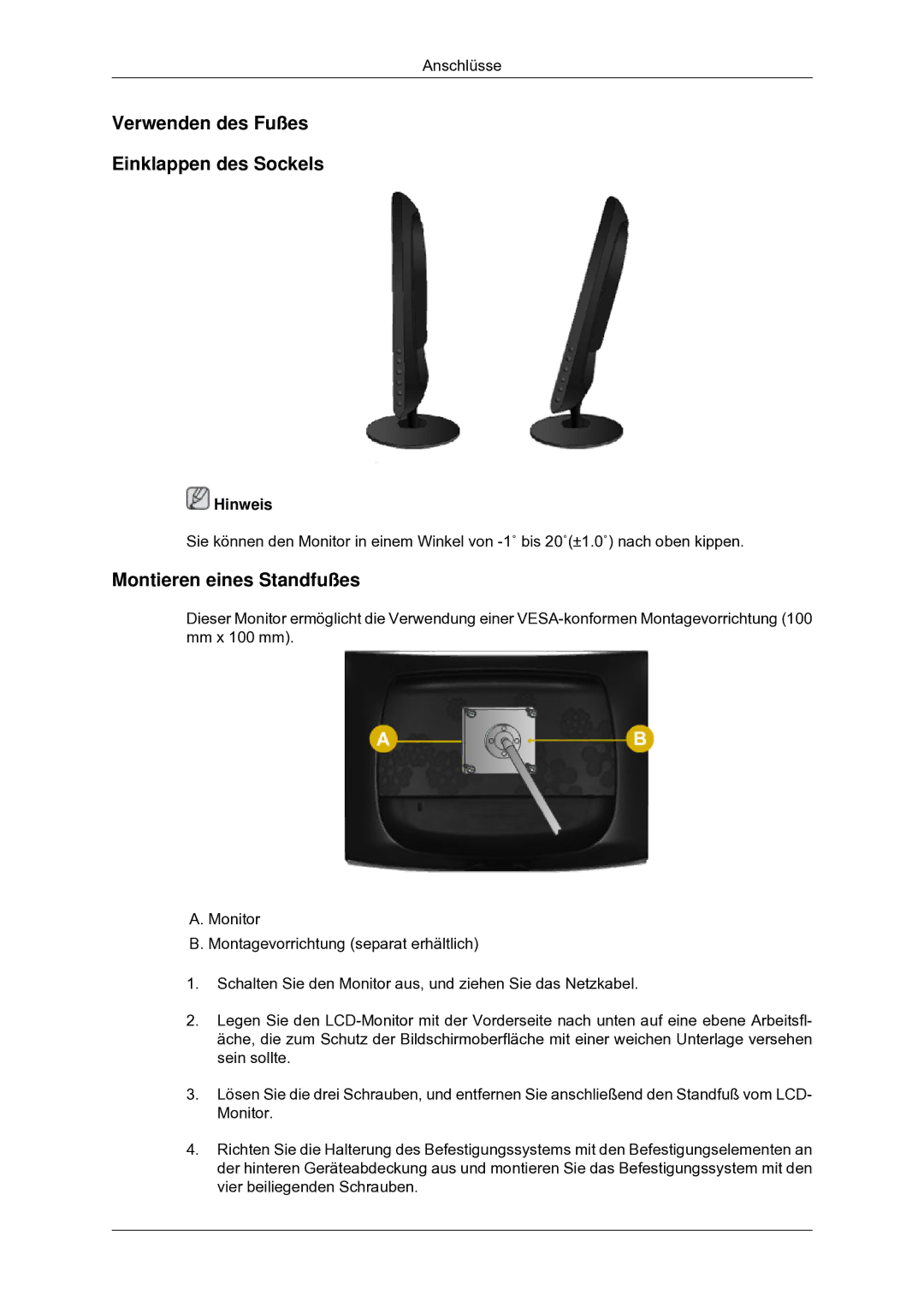 Samsung LS22CMYKF/EN manual Verwenden des Fußes Einklappen des Sockels, Montieren eines Standfußes 