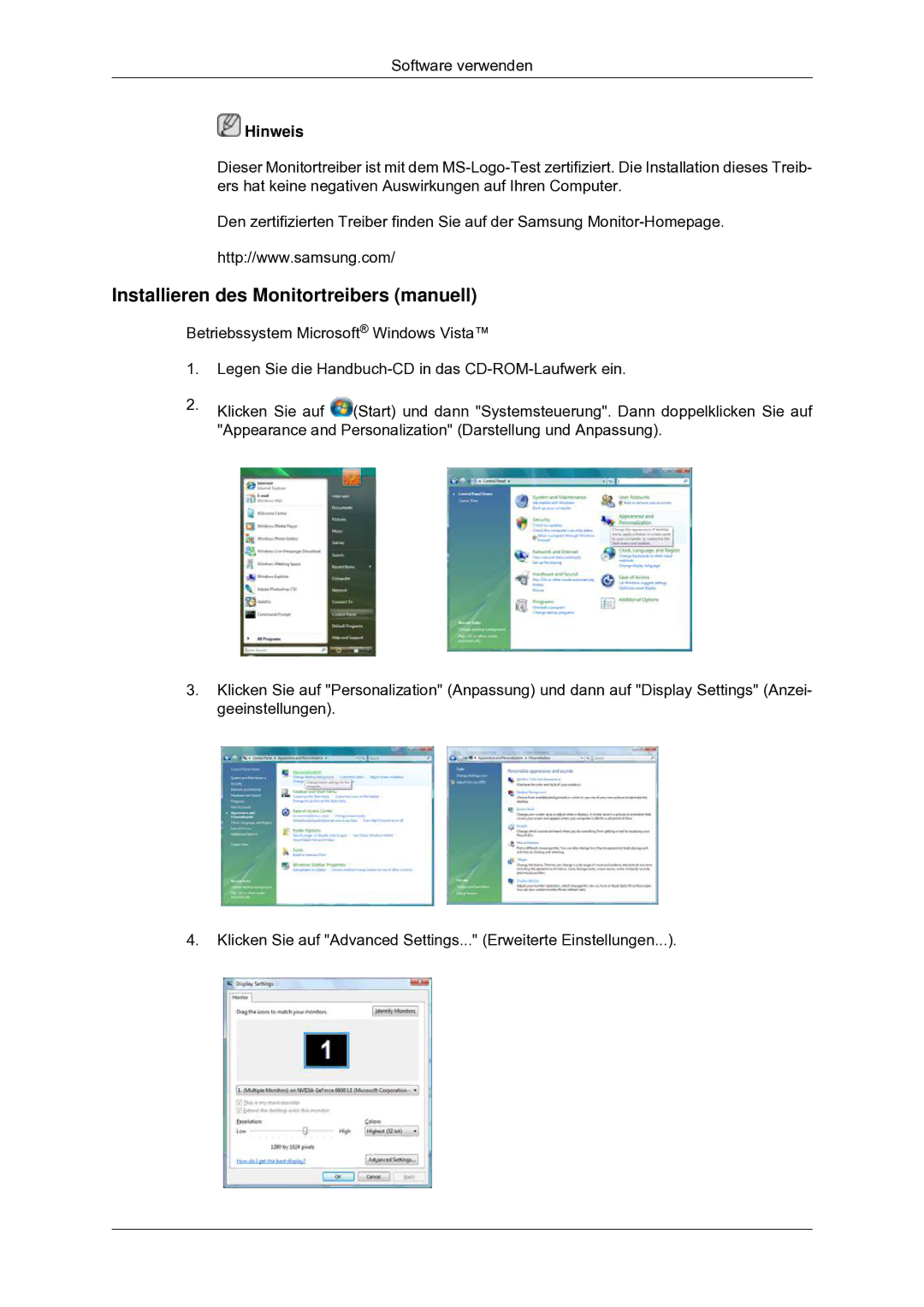 Samsung LS22CMYKF/EN manual Installieren des Monitortreibers manuell 