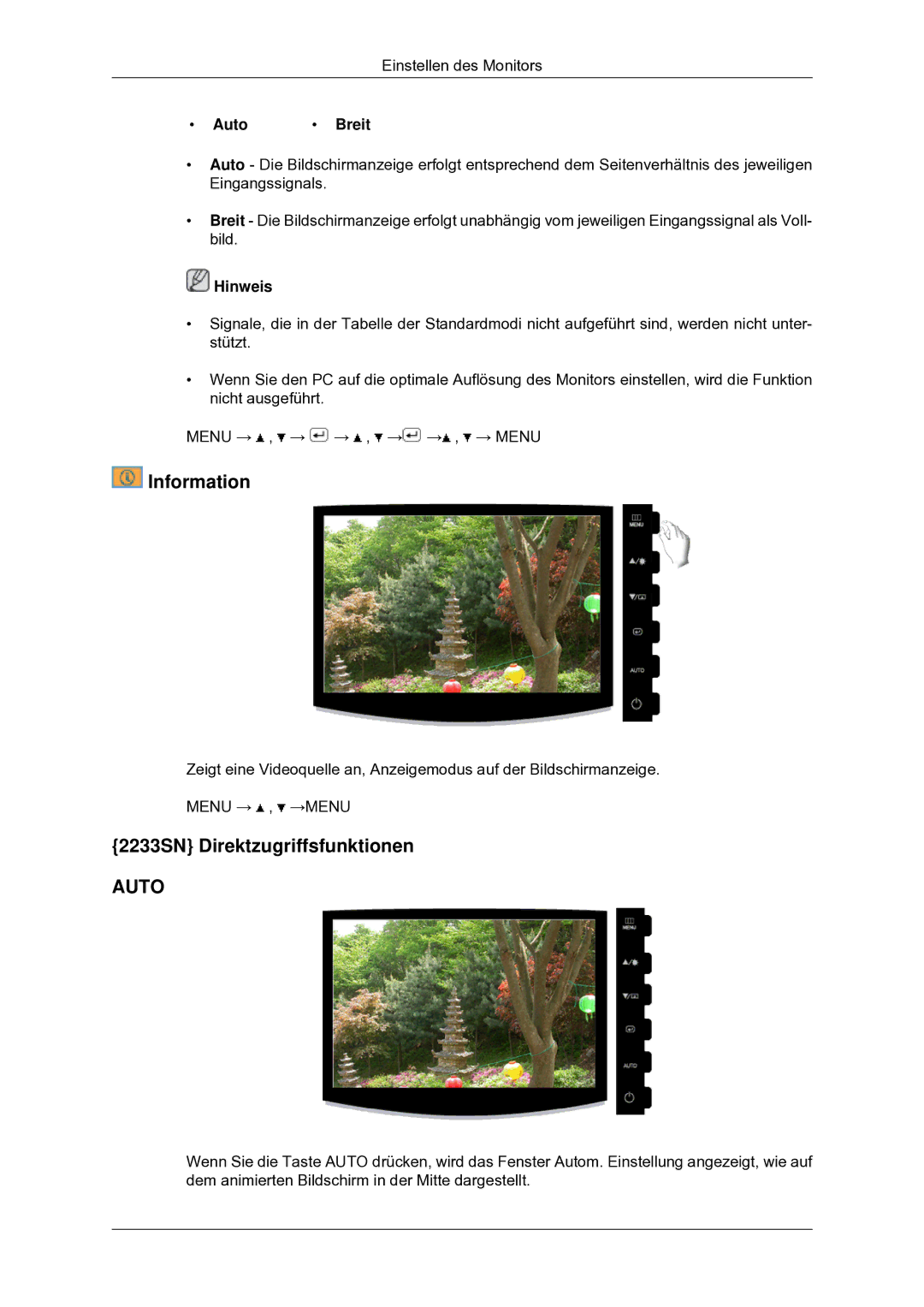 Samsung LS22CMYKF/EN manual Information, 2233SN Direktzugriffsfunktionen, Auto Breit 