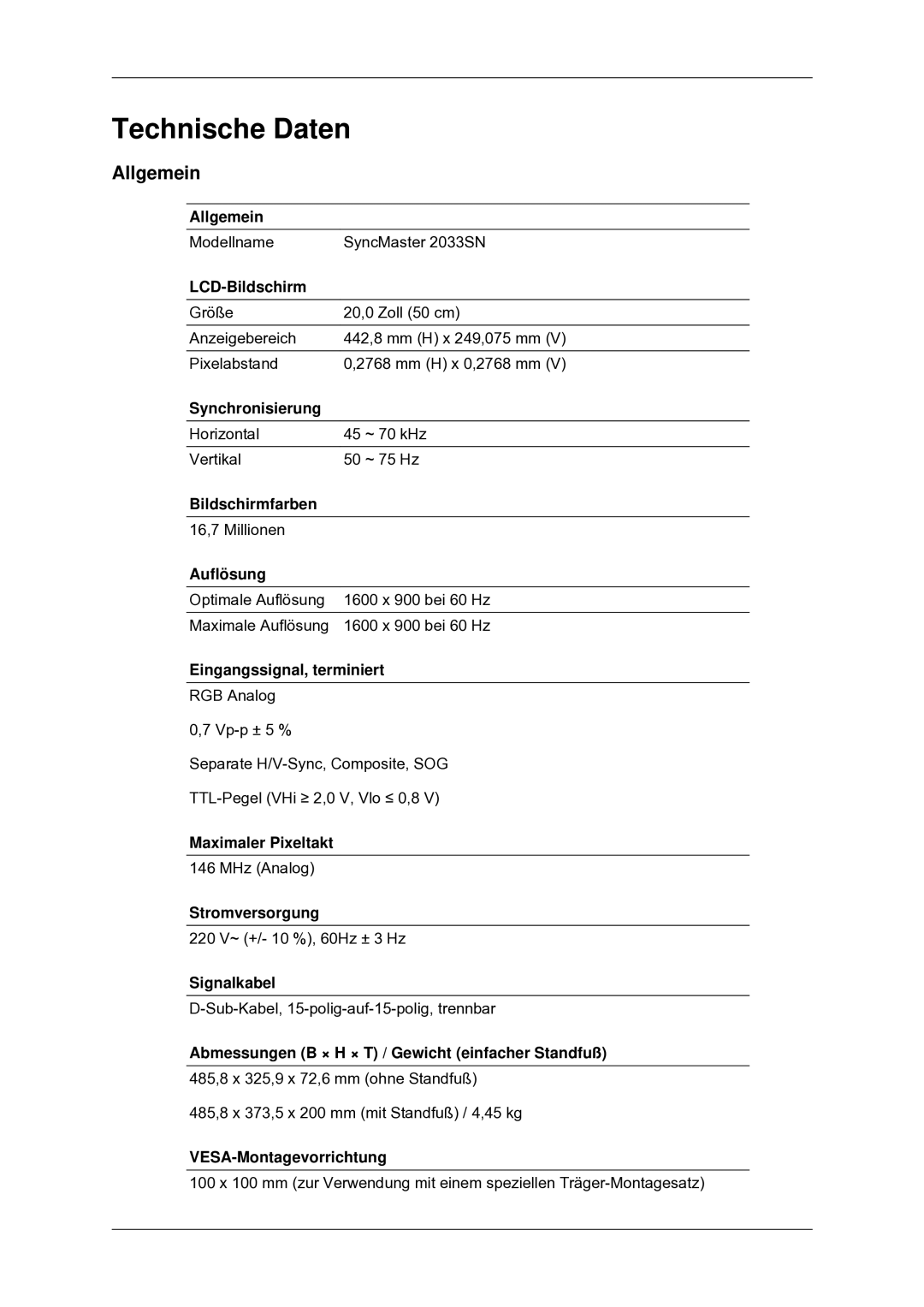 Samsung LS22CMYKF/EN manual Technische Daten, Allgemein 