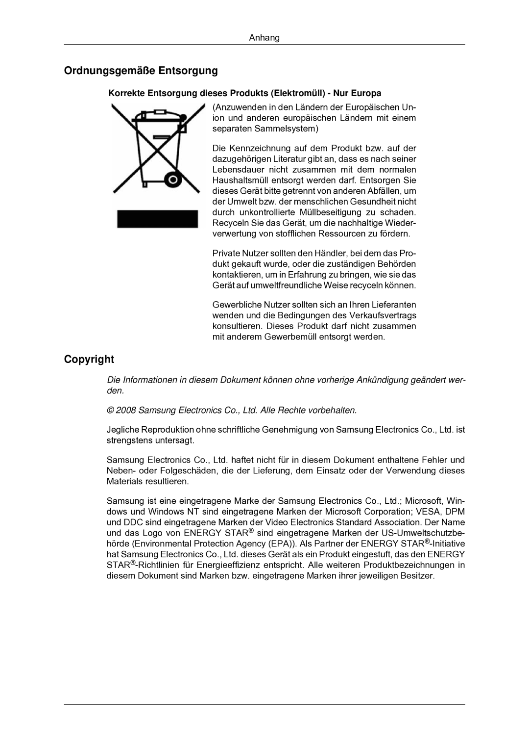 Samsung LS22CMYKF/EN manual Ordnungsgemäße Entsorgung 