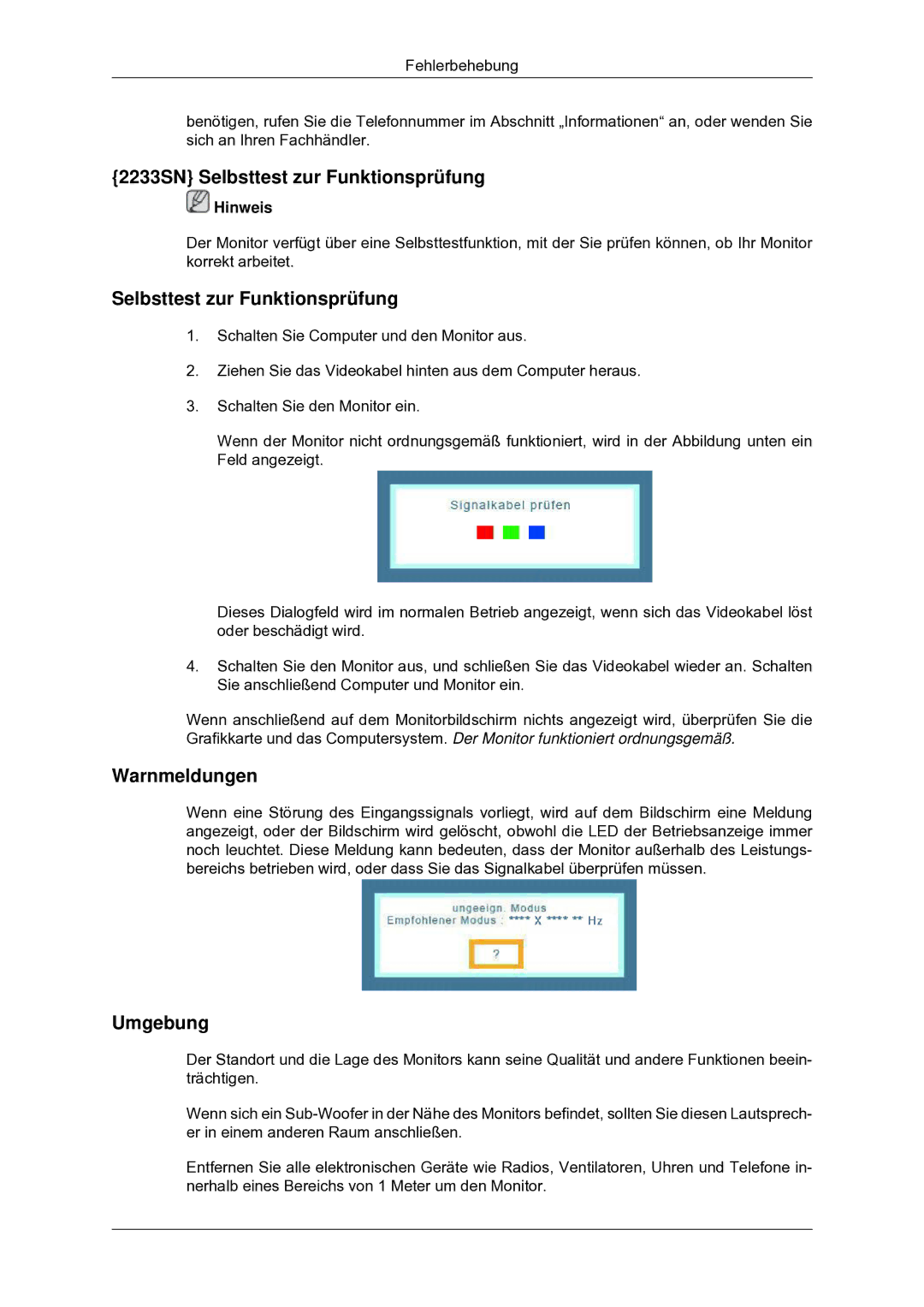 Samsung LS22CMYKF/EN manual 2233SN Selbsttest zur Funktionsprüfung 