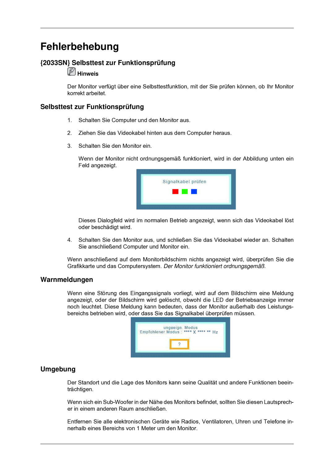 Samsung LS22CMYKF/EN manual 2033SN Selbsttest zur Funktionsprüfung, Warnmeldungen, Umgebung 