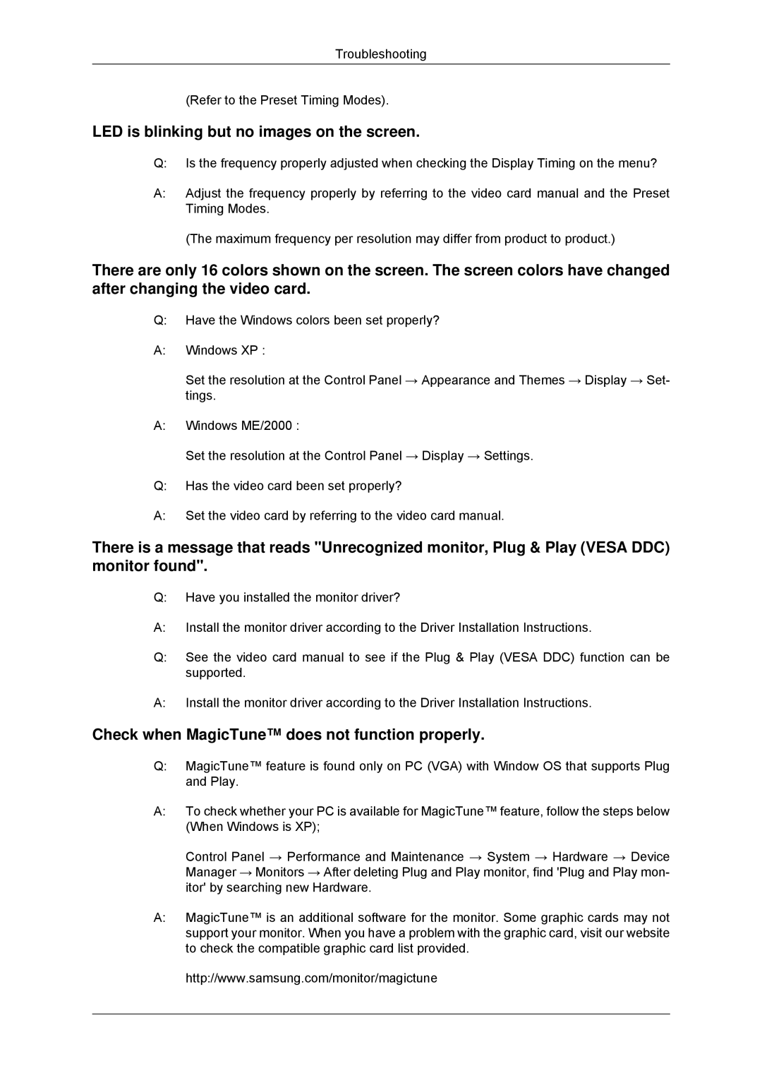 Samsung LS20CMYKFNA/EN manual LED is blinking but no images on the screen, Check when MagicTune does not function properly 