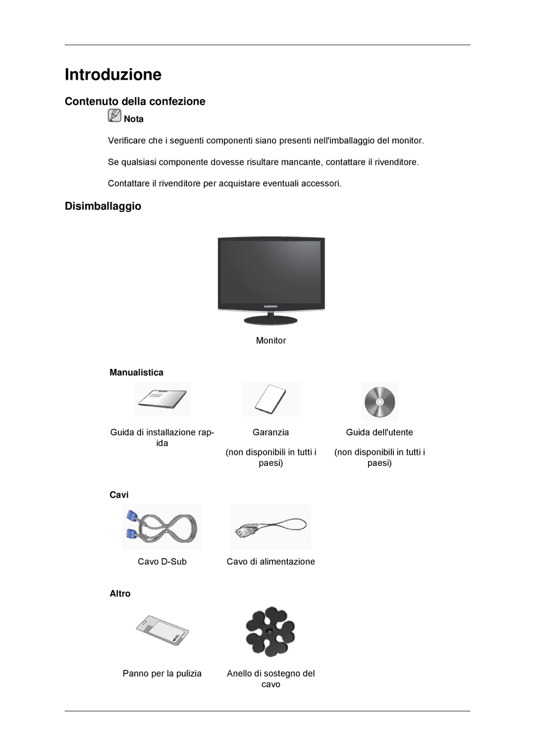 Samsung LS20CMYKF/CT, LS22CMYKFNA/EN, LS20CMYKF/EN, LS22CMYKF/EN Introduzione, Contenuto della confezione, Disimballaggio 