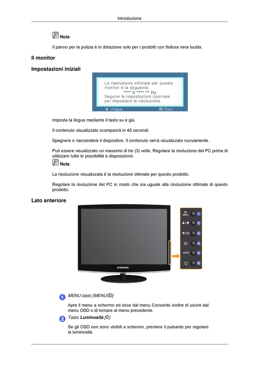 Samsung LS22CMYKF/CT, LS22CMYKFNA/EN, LS20CMYKF/EN, LS22CMYKF/EN manual Il monitor Impostazioni iniziali, Lato anteriore 