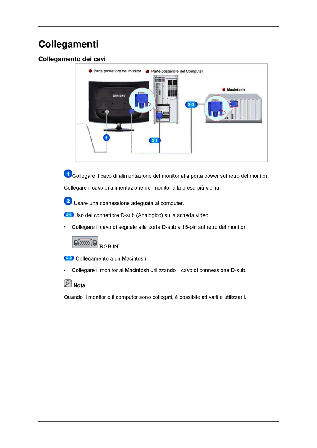 Samsung LS22CMYKF/EN, LS22CMYKFNA/EN, LS20CMYKF/EN, LS20CMYKFNA/EN, LS20CMYKF/CT manual Collegamenti, Collegamento dei cavi 