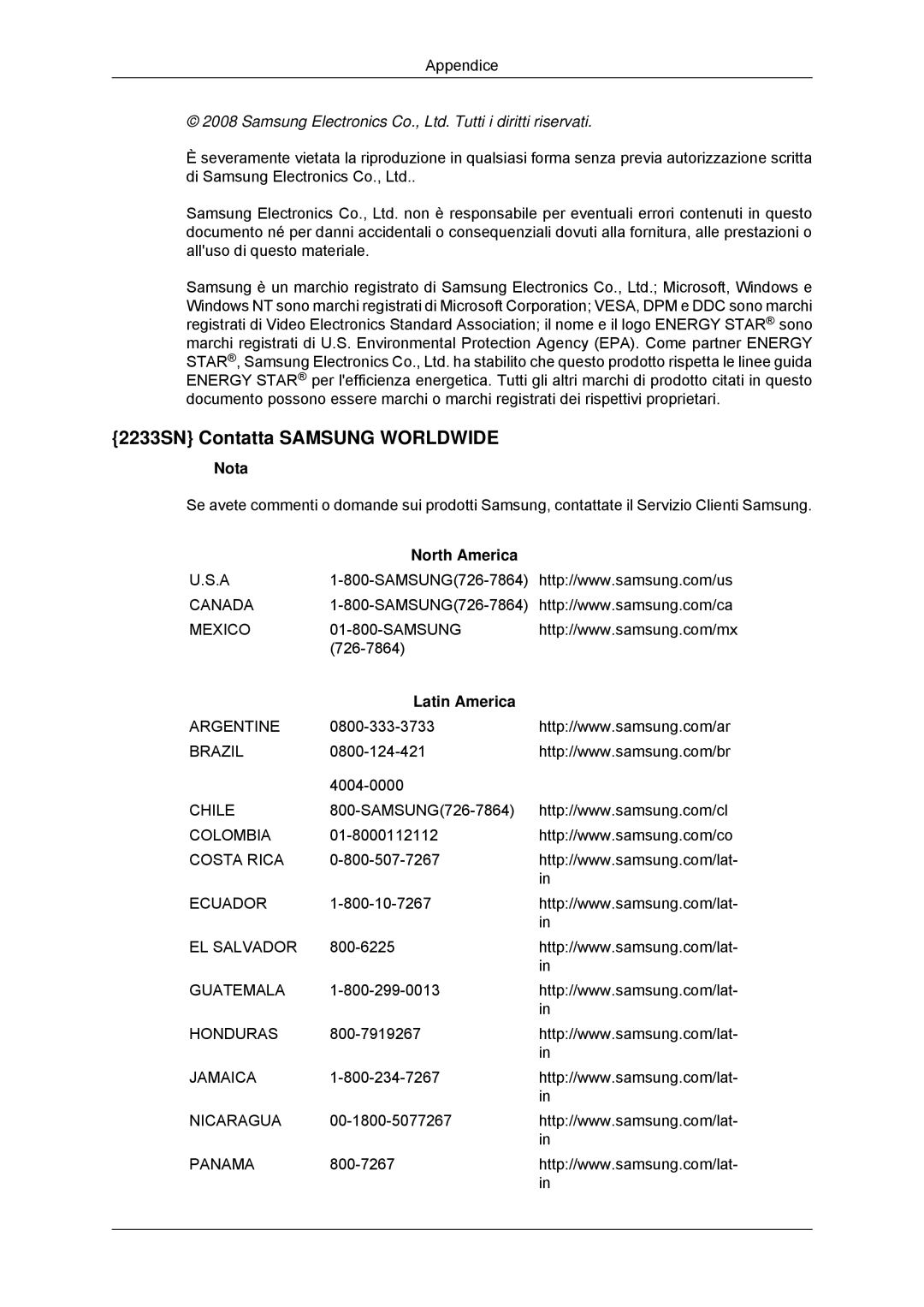 Samsung LS20CMYKFNA/EN, LS22CMYKFNA/EN, LS20CMYKF/EN, LS22CMYKF/EN, LS20CMYKF/CT manual 2233SN Contatta Samsung Worldwide, Nota 