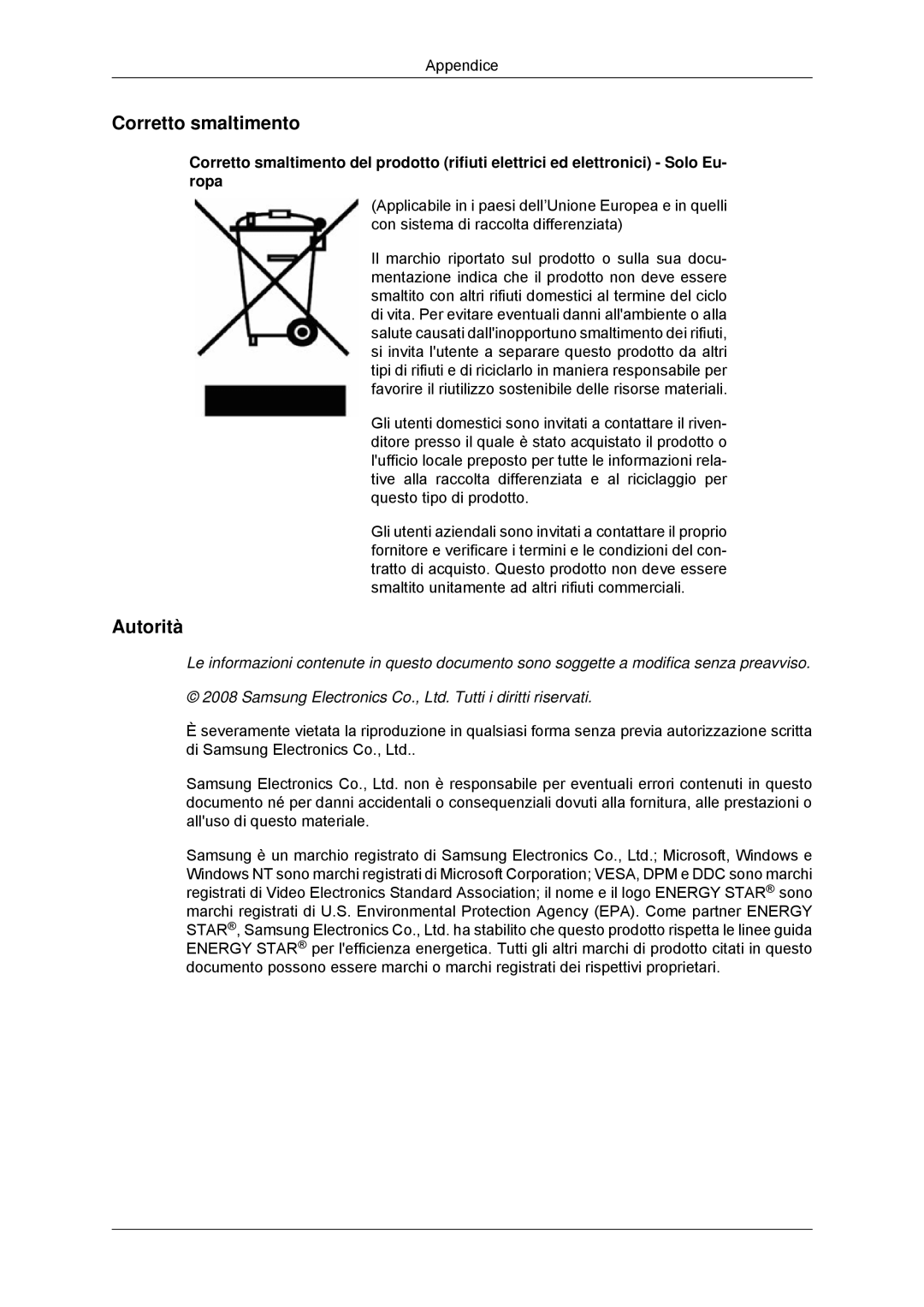 Samsung LS20CMYKF/EN, LS22CMYKFNA/EN, LS22CMYKF/EN, LS20CMYKFNA/EN, LS20CMYKF/CT, LS22CMYKF/CT manual Corretto smaltimento 