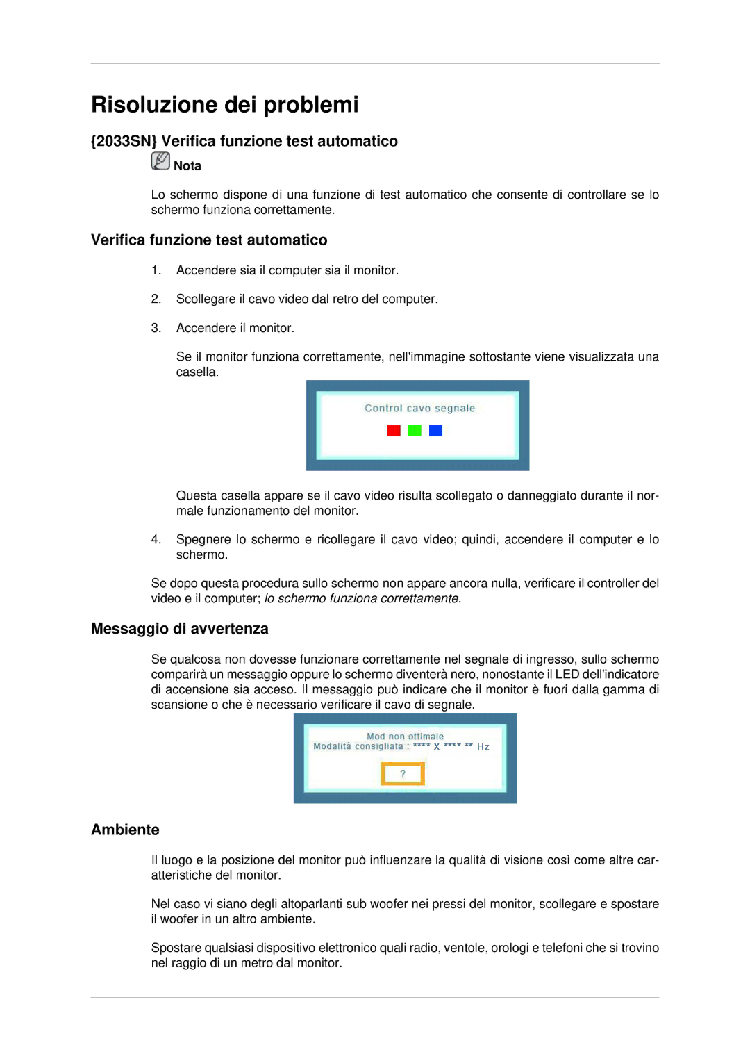 Samsung LS20CMYKFNA/EN, LS22CMYKFNA/EN manual 2033SN Verifica funzione test automatico, Messaggio di avvertenza, Ambiente 