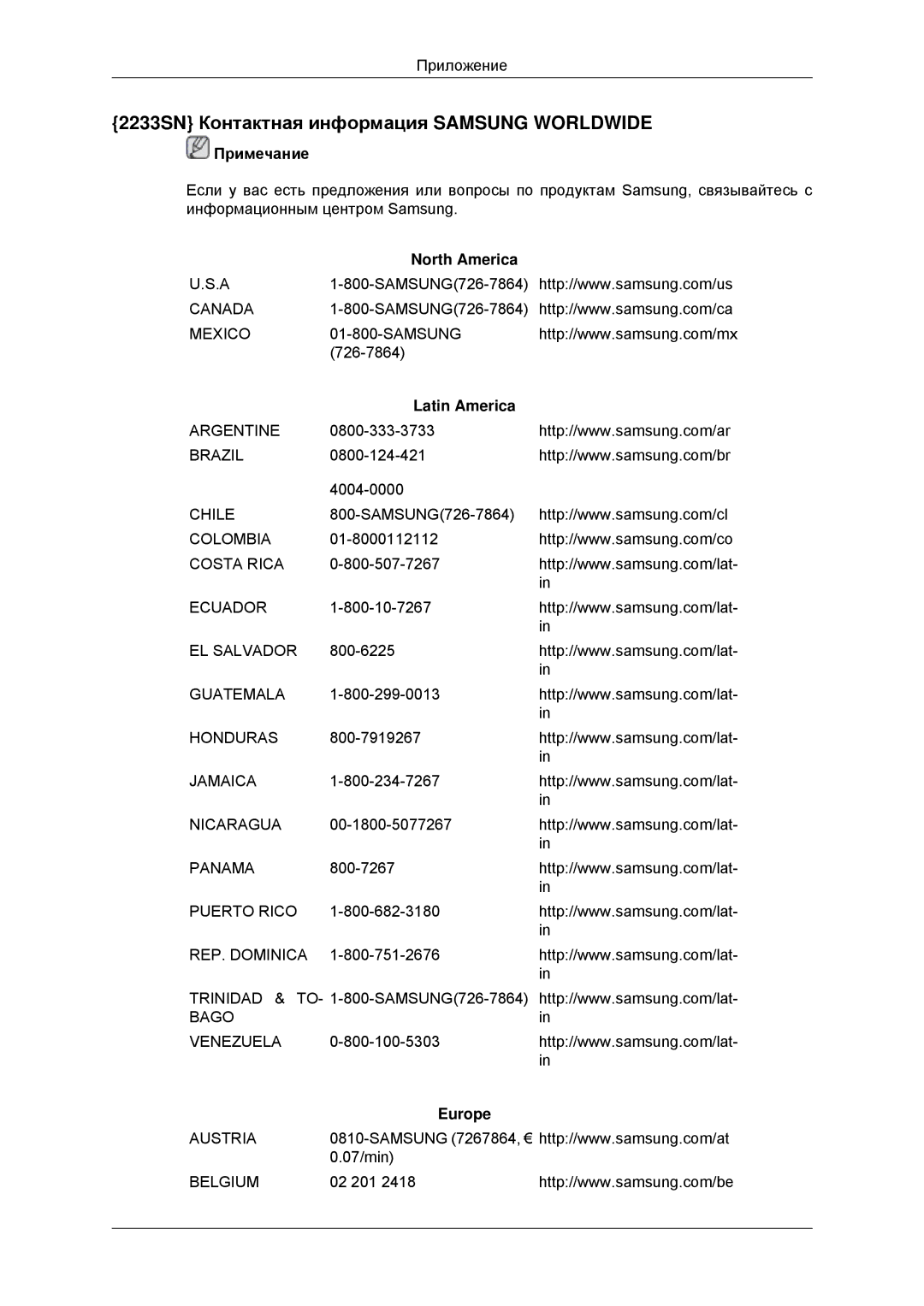 Samsung LS20CMYKF/CI, LS22CMYKFNA/EN, LS20CMYKF/EN, LS22CMYKF/EN 2233SN Контактная информация Samsung Worldwide, Примечание 