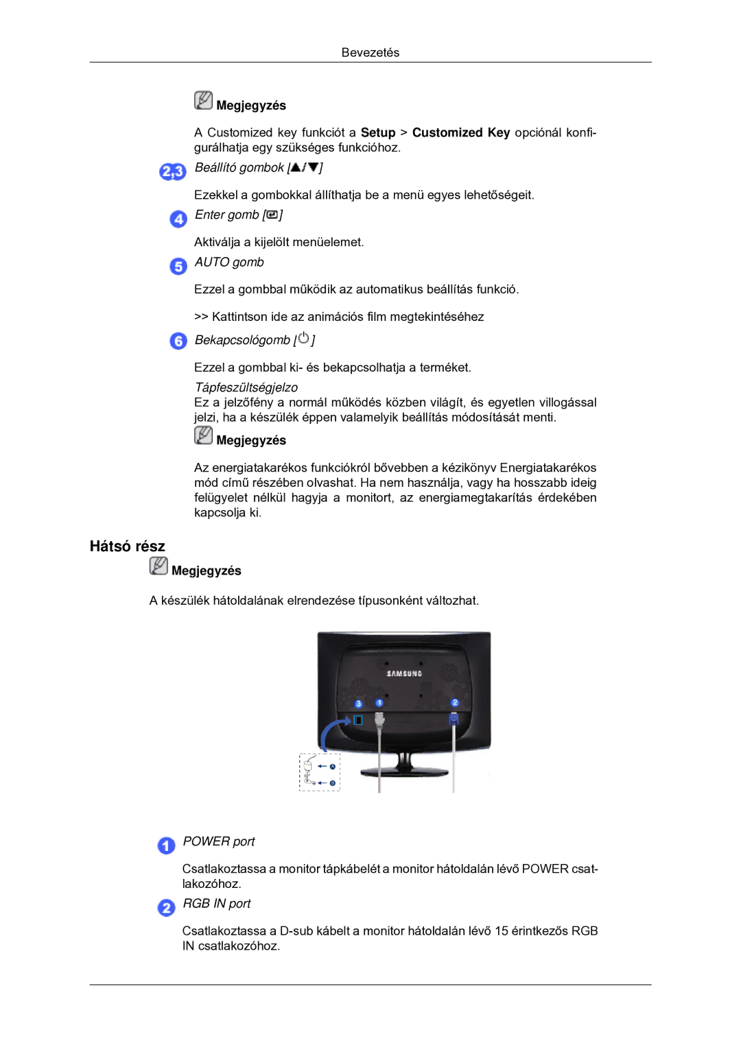 Samsung LS22CMYKFNA/EN, LS20CMYKF/EN, LS22CMYKF/EN, LS20CMYKFNA/EN, LS22CMYKFYA/EN, LS22CMYKFZA/EN manual Hátsó rész, Auto gomb 