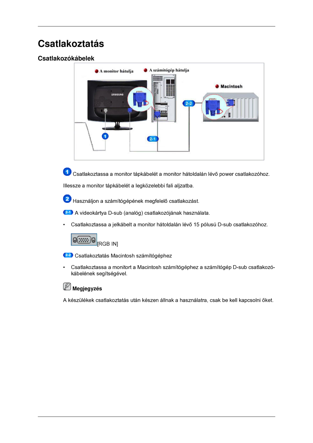 Samsung LS22CMYKF/EN, LS22CMYKFNA/EN, LS20CMYKF/EN, LS20CMYKFNA/EN, LS22CMYKFYA/EN manual Csatlakoztatás, Csatlakozókábelek 