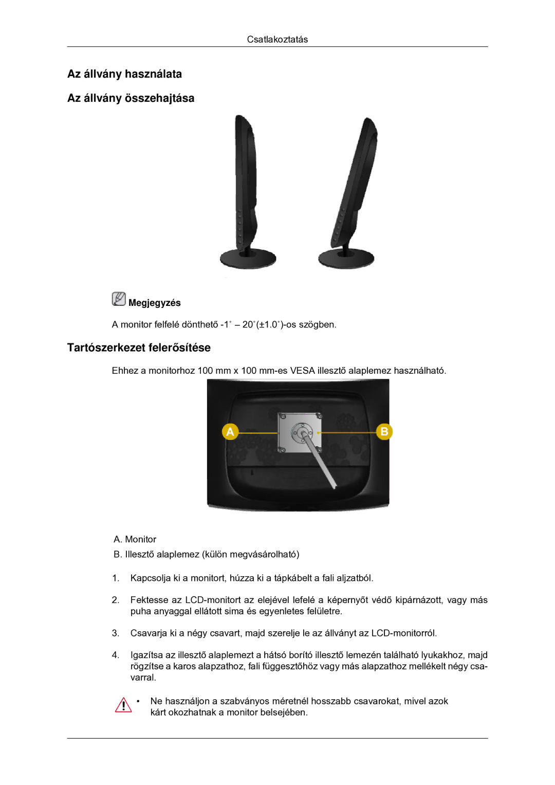 Samsung LS20CMYKFNA/EN, LS22CMYKFNA/EN manual Az állvány használata Az állvány összehajtása, Tartószerkezet felerősítése 