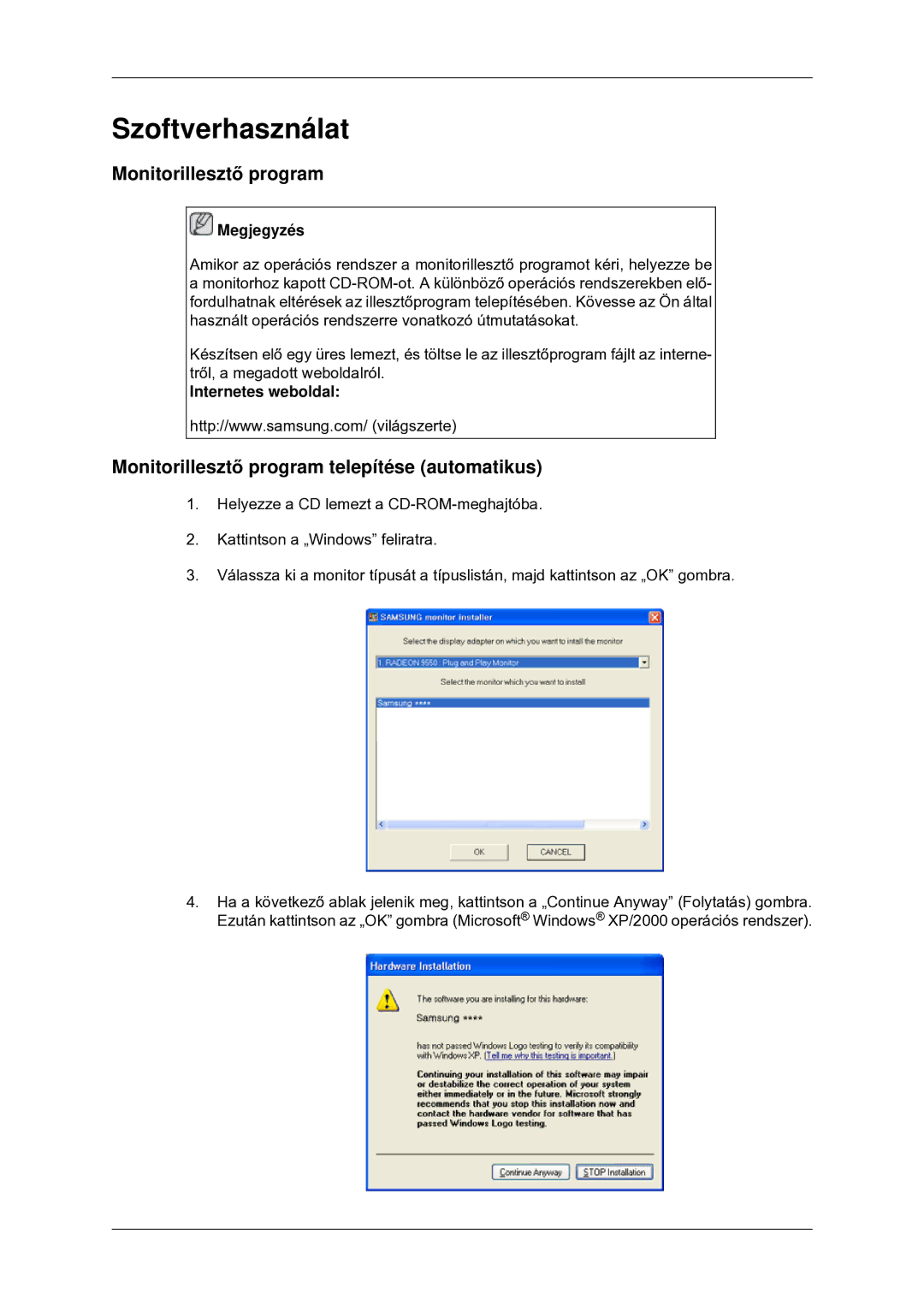 Samsung LS22CMYKFZA/EN manual Szoftverhasználat, Monitorillesztő program telepítése automatikus, Internetes weboldal 