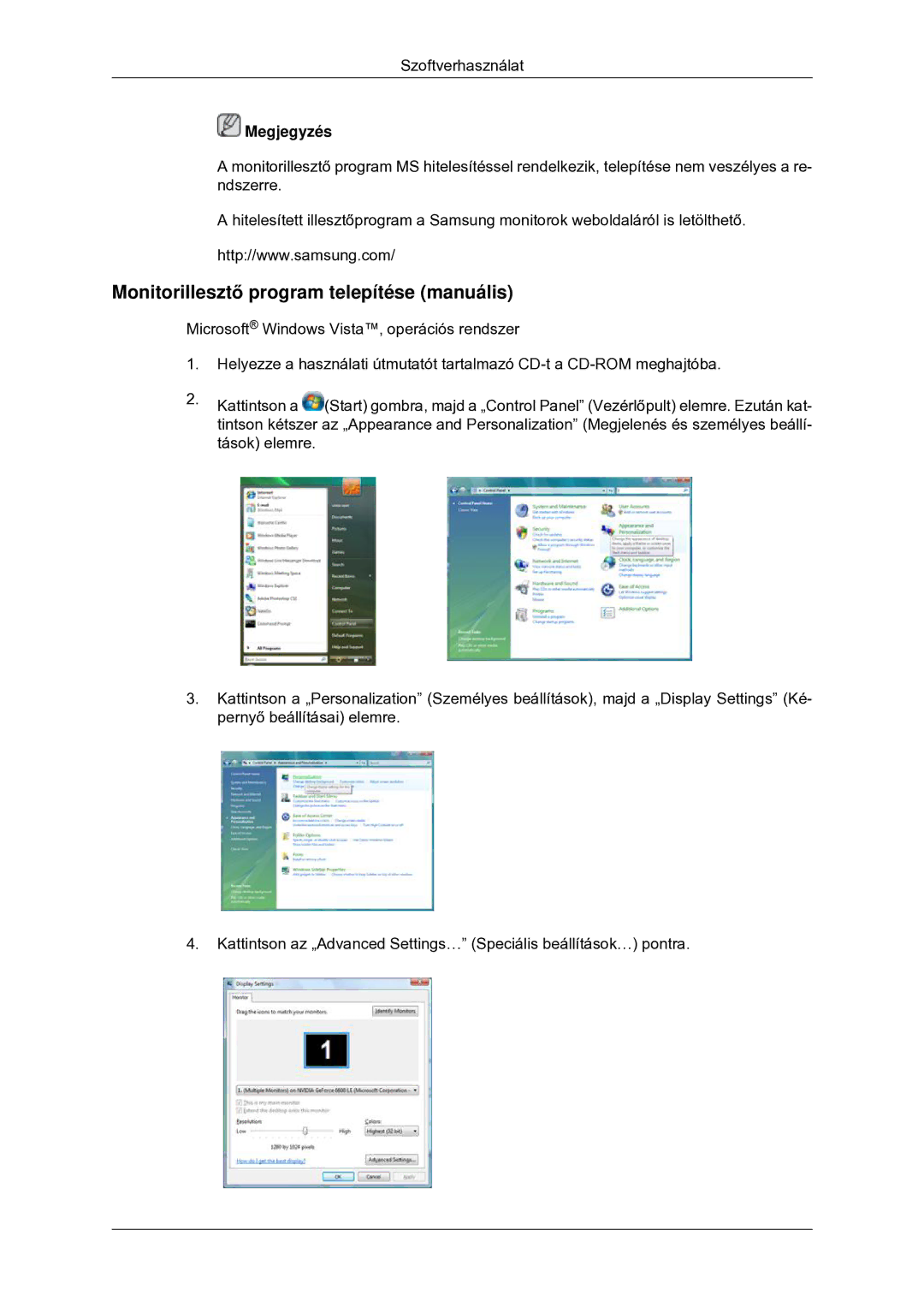 Samsung LS22CMYKFNA/EN, LS20CMYKF/EN, LS22CMYKF/EN, LS20CMYKFNA/EN manual Monitorillesztő program telepítése manuális 