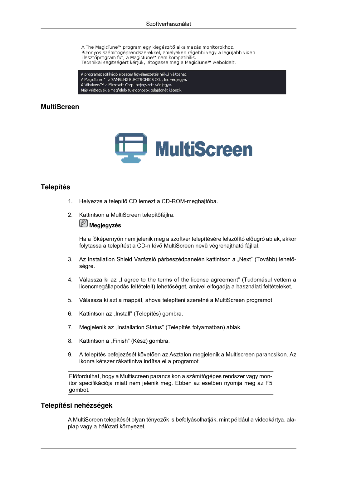 Samsung LS22CMYKFZA/EN, LS22CMYKFNA/EN, LS20CMYKF/EN, LS22CMYKF/EN, LS20CMYKFNA/EN, LS22CMYKFYA/EN manual MultiScreen Telepítés 