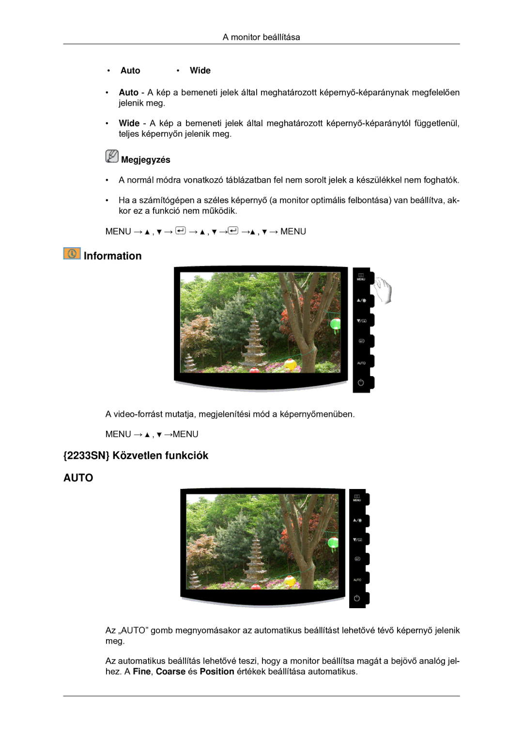 Samsung LS20CMYKF/EN, LS22CMYKFNA/EN, LS22CMYKF/EN, LS20CMYKFNA/EN manual Information, 2233SN Közvetlen funkciók, Auto Wide 