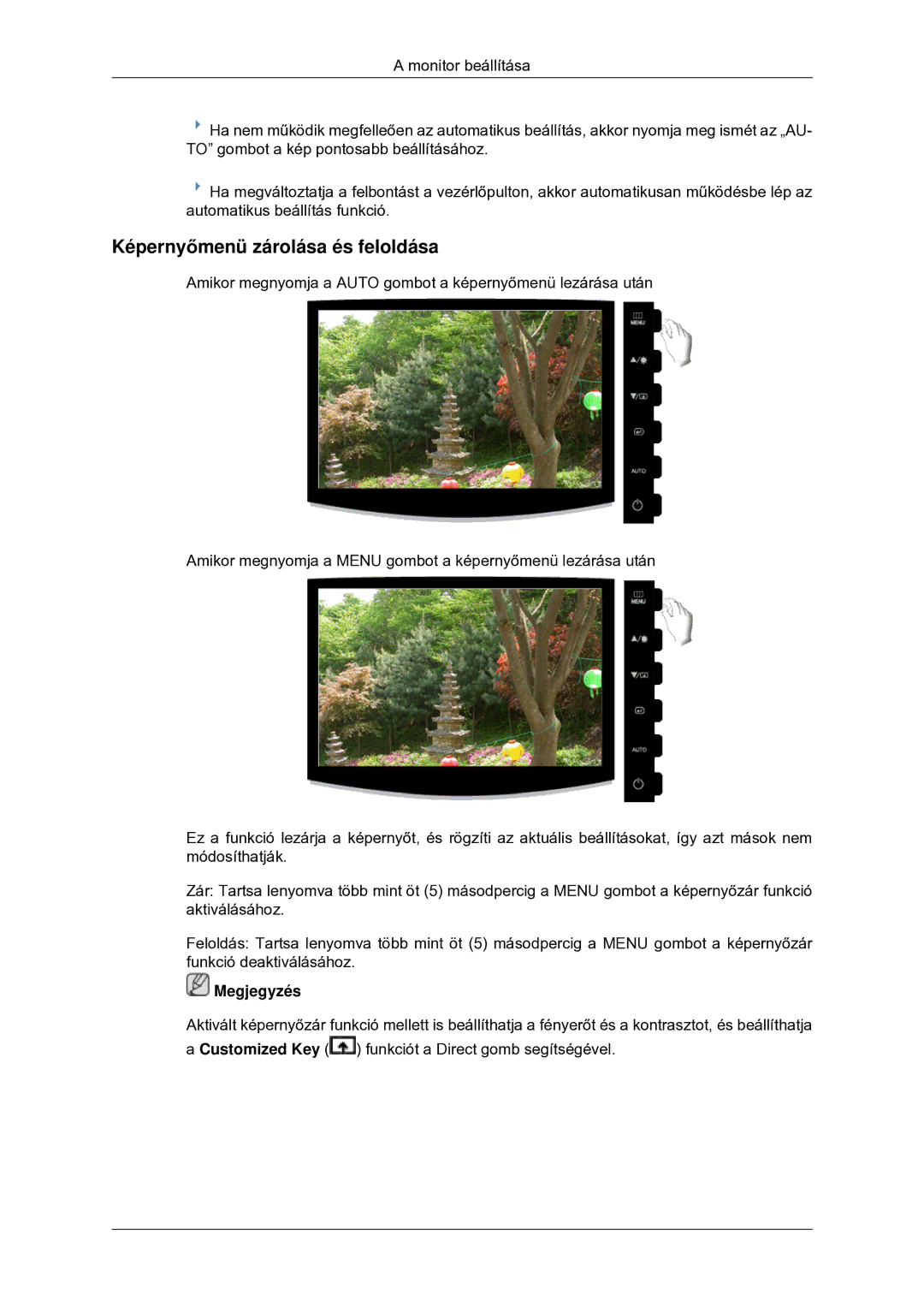 Samsung LS22CMYKF/EN, LS22CMYKFNA/EN, LS20CMYKF/EN, LS20CMYKFNA/EN, LS22CMYKFYA/EN manual Képernyőmenü zárolása és feloldása 