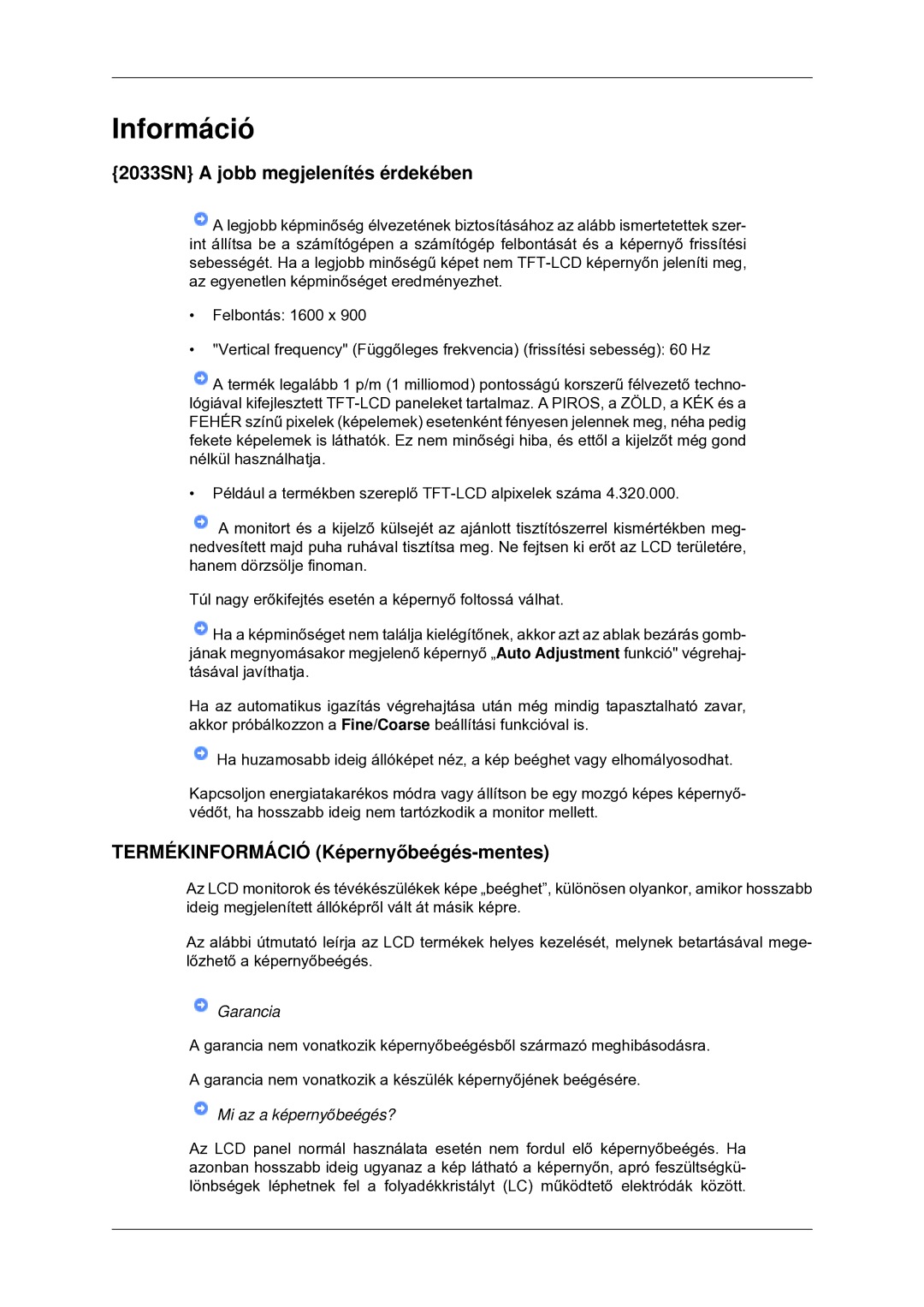 Samsung LS20CMYKFNA/EN manual Információ, 2033SN a jobb megjelenítés érdekében, Termékinformáció Képernyőbeégés-mentes 