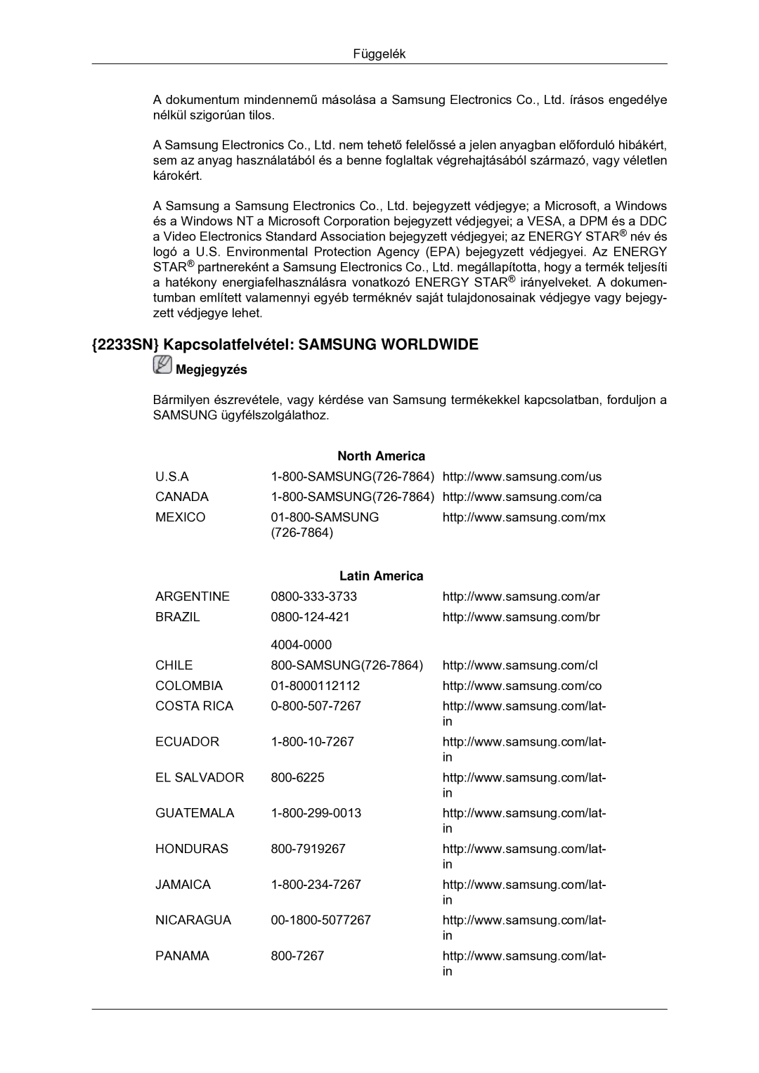 Samsung LS20CMYKFNA/EN, LS22CMYKFNA/EN, LS20CMYKF/EN, LS22CMYKF/EN 2233SN Kapcsolatfelvétel Samsung Worldwide, Megjegyzés 