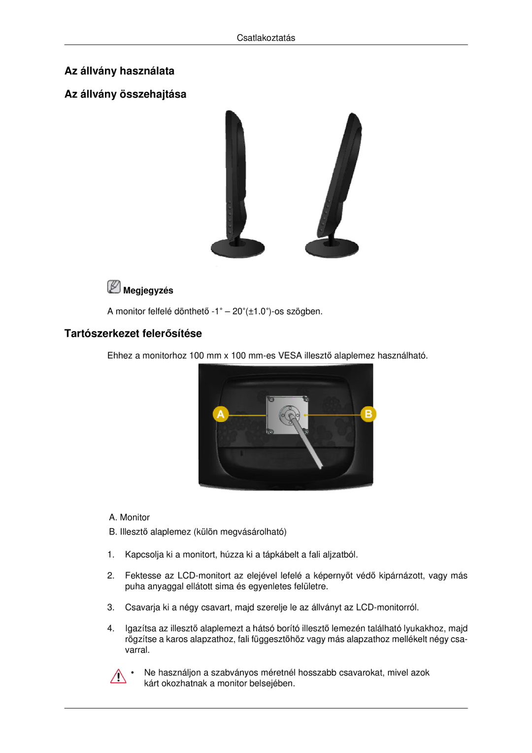 Samsung LS20CMYKF/EN, LS22CMYKFNA/EN manual Az állvány használata Az állvány összehajtása, Tartószerkezet felerősítése 