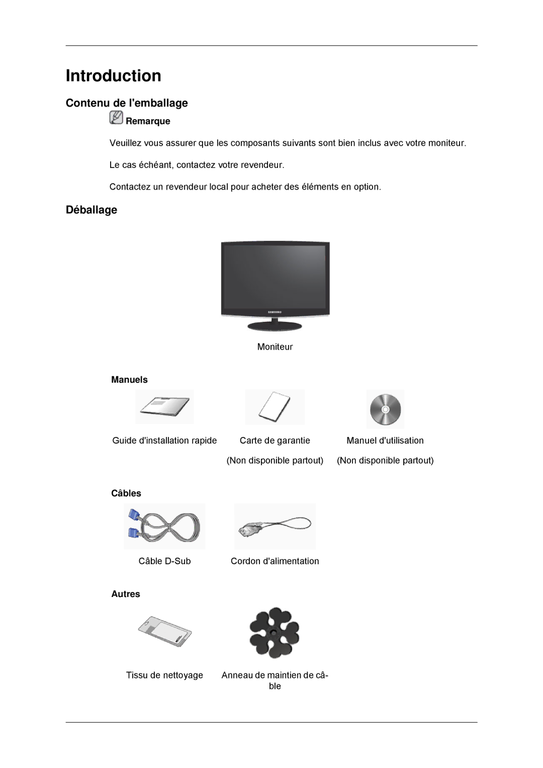 Samsung LS22CMYKF/EN, LS22CMYKFNA/EN, LS20CMYKF/EN, LS20CMYKFNA/EN manual Introduction, Contenu de lemballage, Déballage 