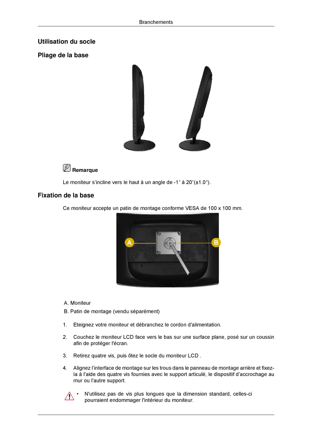 Samsung LS20CMYKFNA/EN, LS22CMYKFNA/EN, LS20CMYKF/EN manual Utilisation du socle Pliage de la base, Fixation de la base 