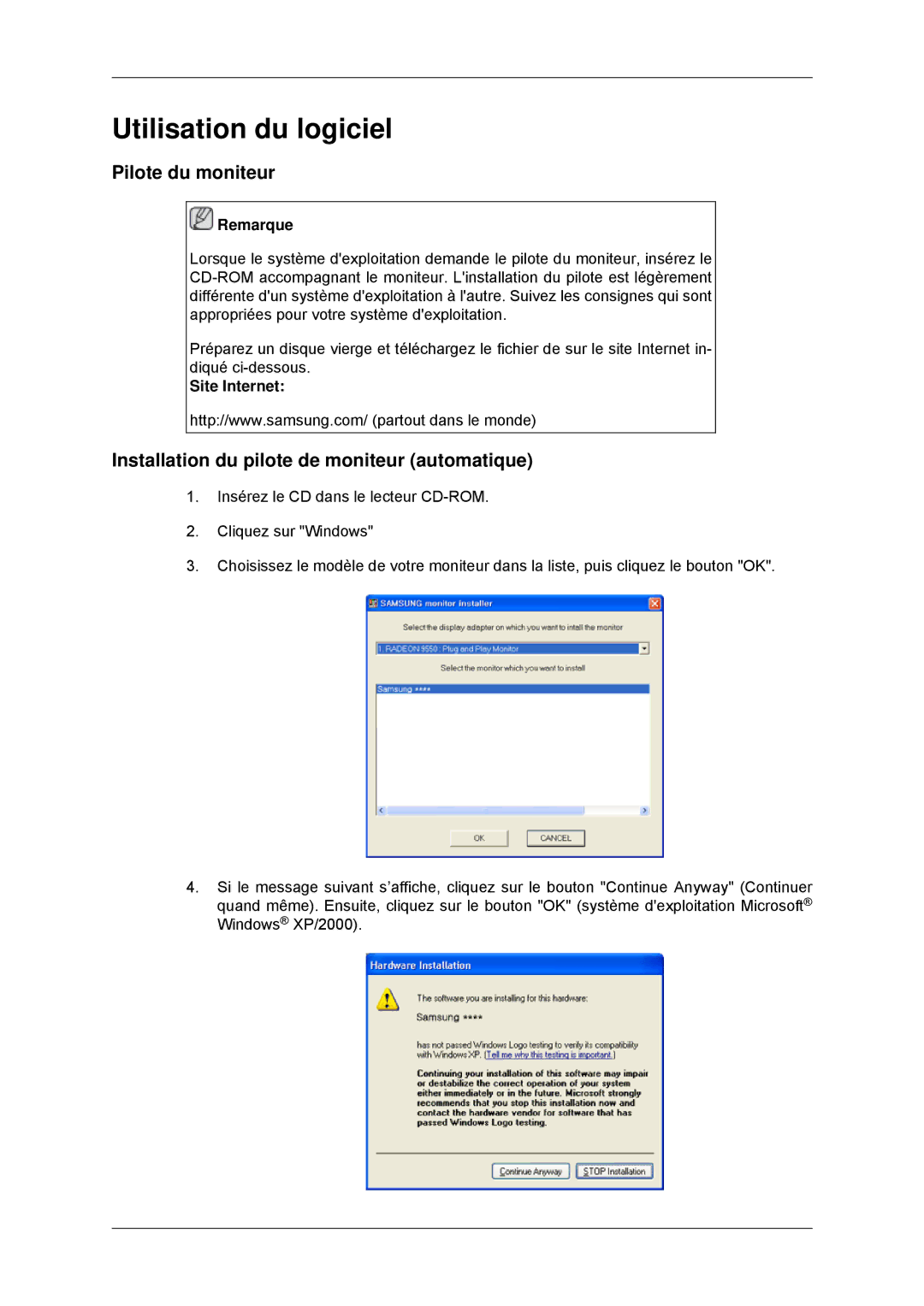 Samsung LS20CMYKF/EN manual Utilisation du logiciel, Pilote du moniteur, Installation du pilote de moniteur automatique 