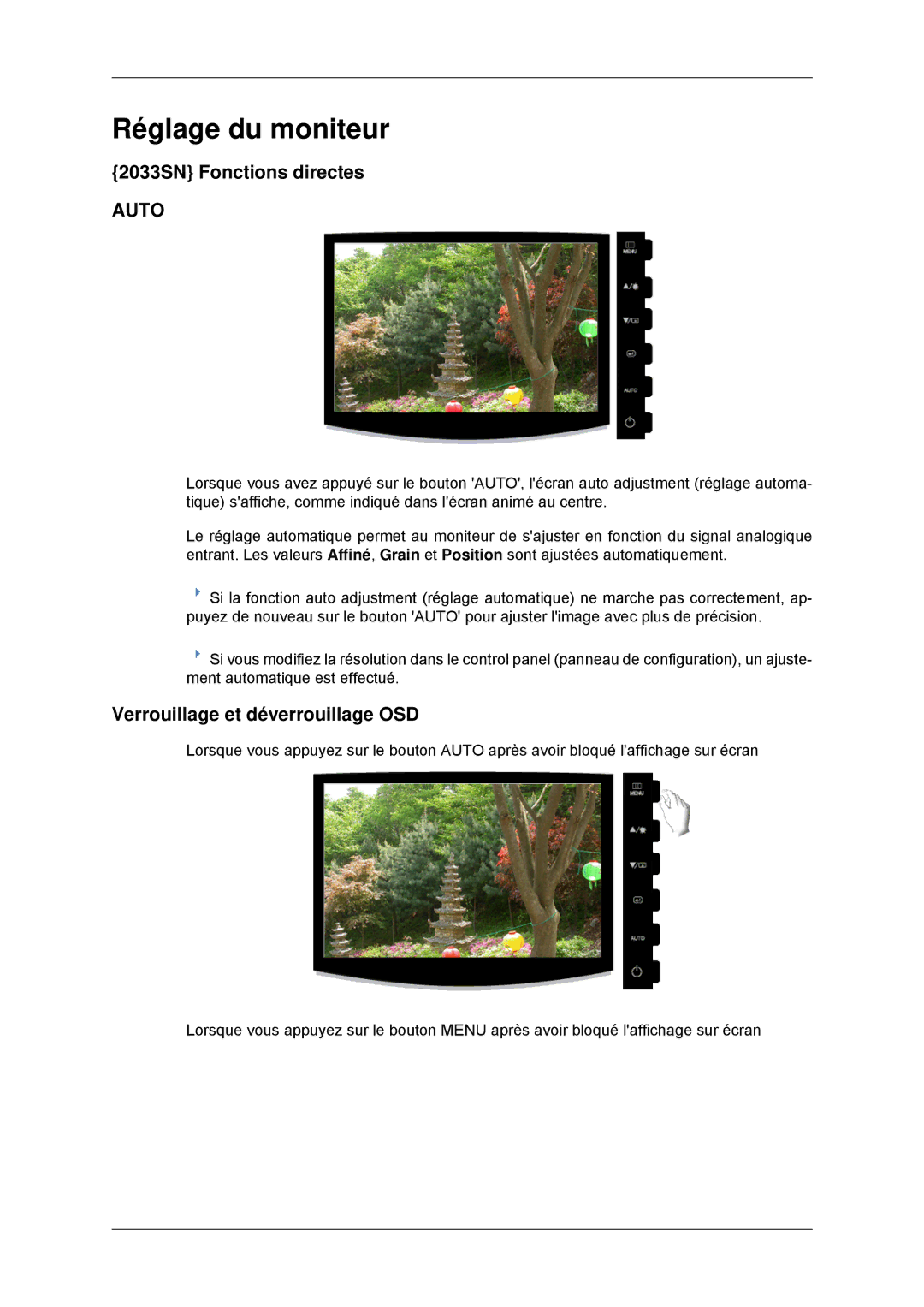 Samsung LS20CMYKFNA/EN, LS22CMYKFNA/EN Réglage du moniteur, 2033SN Fonctions directes, Verrouillage et déverrouillage OSD 