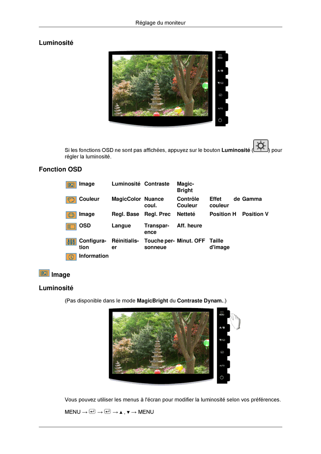 Samsung LS20CMYKF/EN, LS22CMYKFNA/EN, LS22CMYKF/EN, LS20CMYKFNA/EN manual Fonction OSD, Image Luminosité 