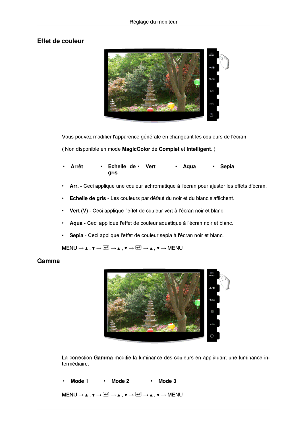 Samsung LS20CMYKF/EN, LS22CMYKFNA/EN Effet de couleur, Gamma, Arrêt Echelle de Vert Aqua Sepia Gris, Mode 1 Mode 2 Mode 