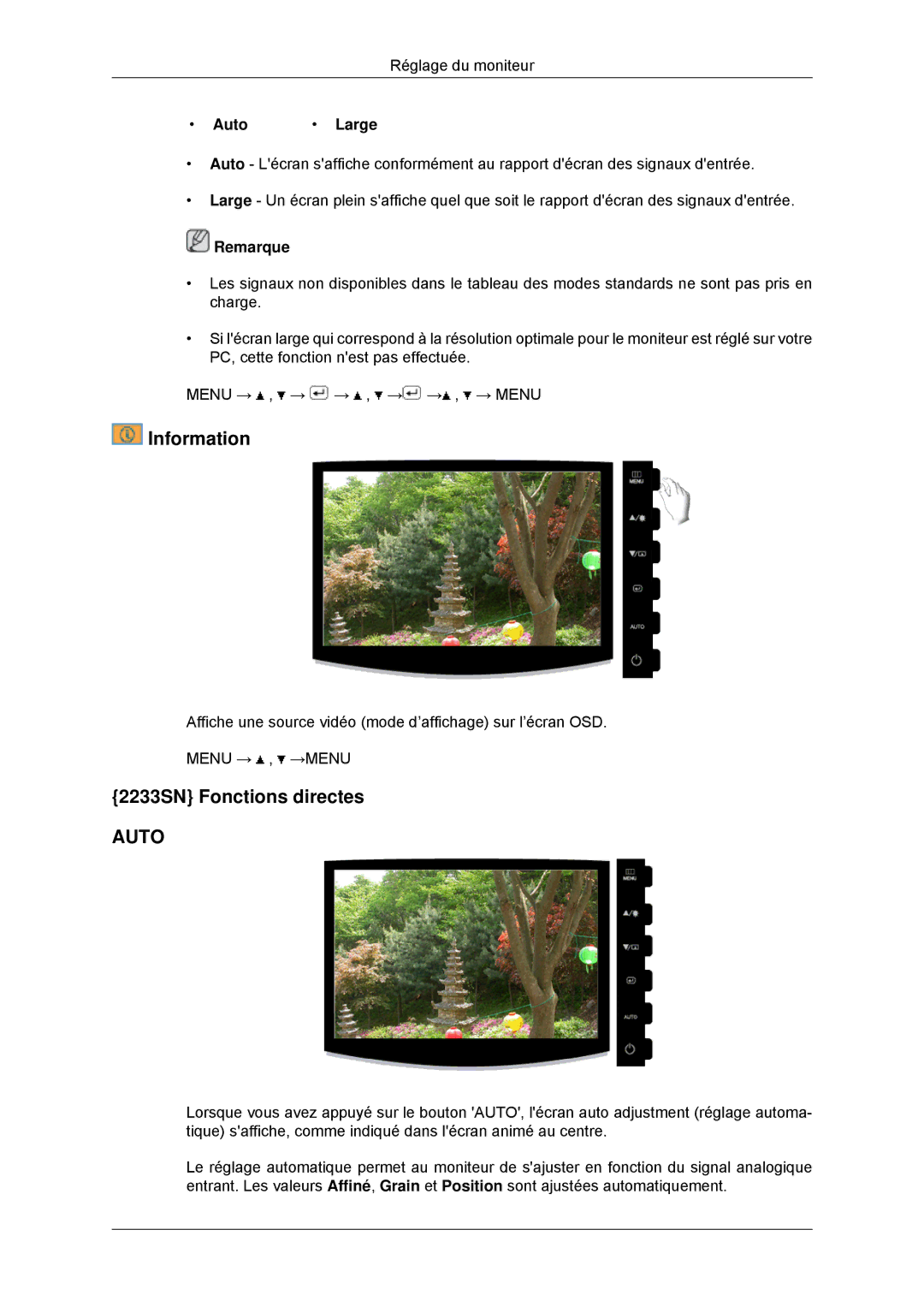 Samsung LS20CMYKFNA/EN, LS22CMYKFNA/EN, LS20CMYKF/EN, LS22CMYKF/EN manual Information, 2233SN Fonctions directes, Auto Large 