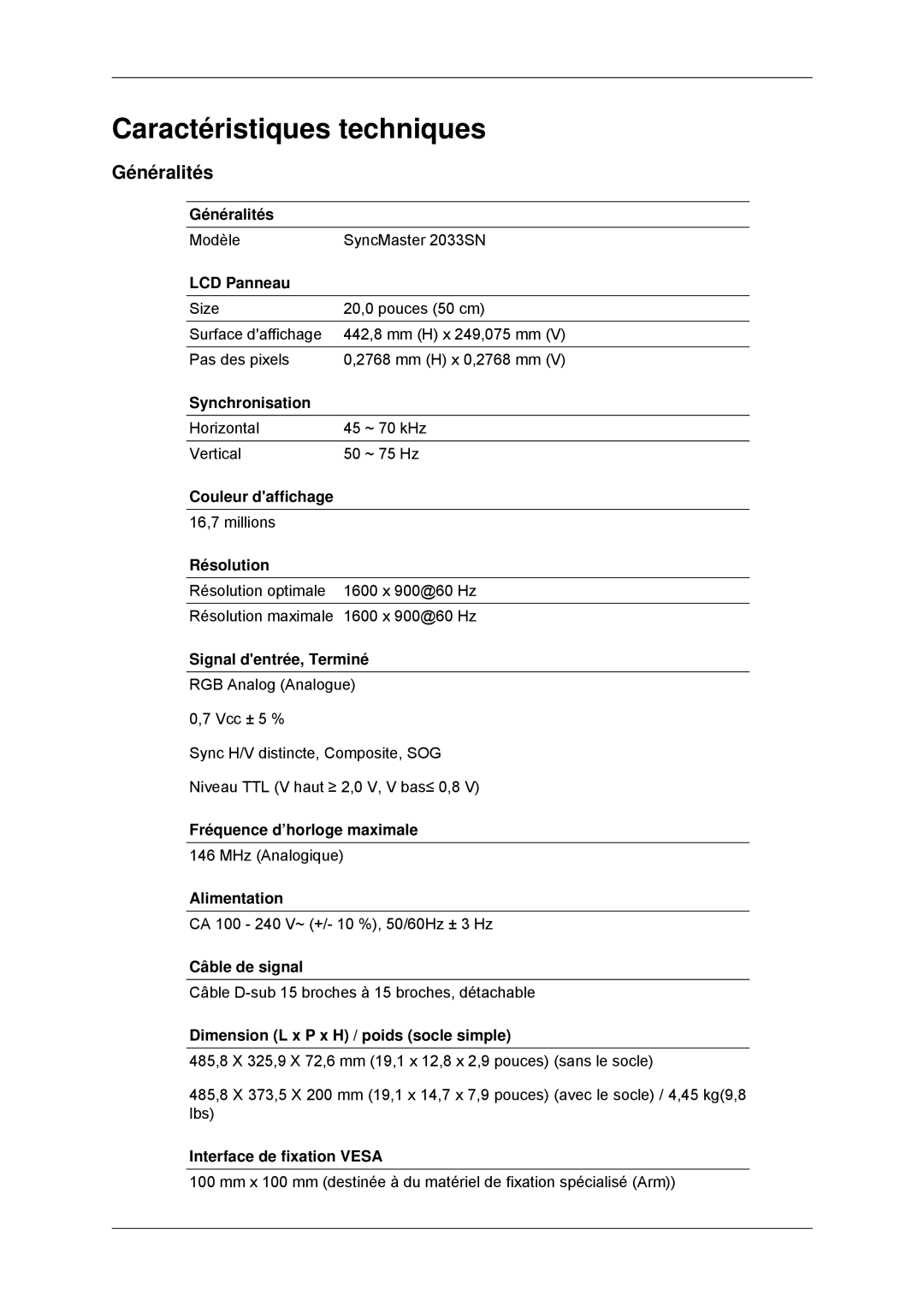 Samsung LS22CMYKFNA/EN, LS20CMYKF/EN, LS22CMYKF/EN, LS20CMYKFNA/EN manual Caractéristiques techniques, Généralités 