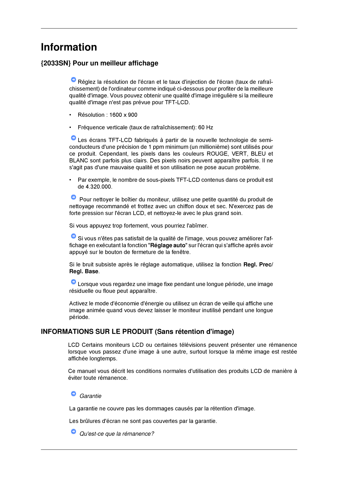 Samsung LS22CMYKF/EN manual 2033SN Pour un meilleur affichage, Informations SUR LE Produit Sans rétention dimage 