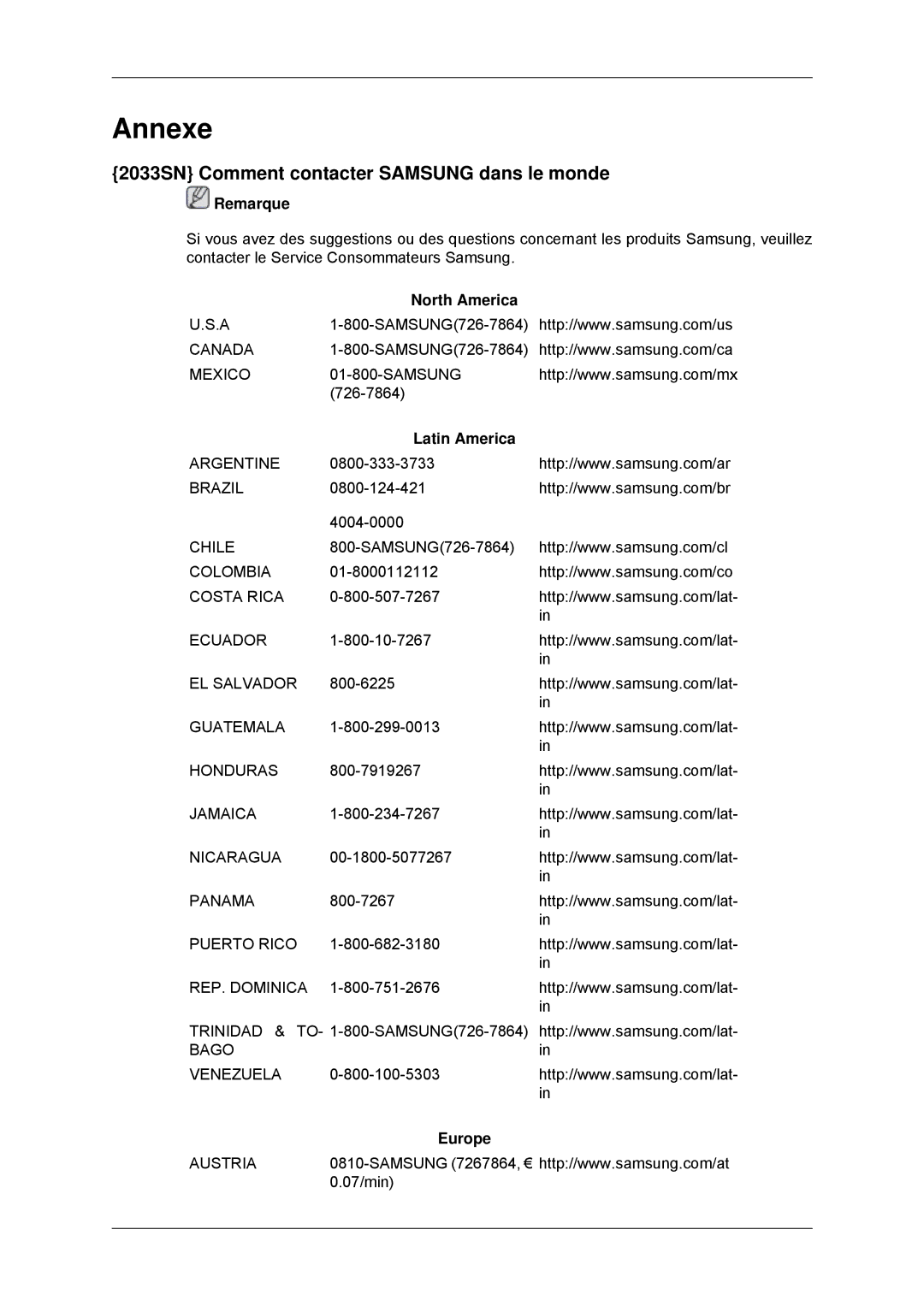 Samsung LS22CMYKF/EN manual Annexe, 2033SN Comment contacter Samsung dans le monde, North America, Latin America, Europe 