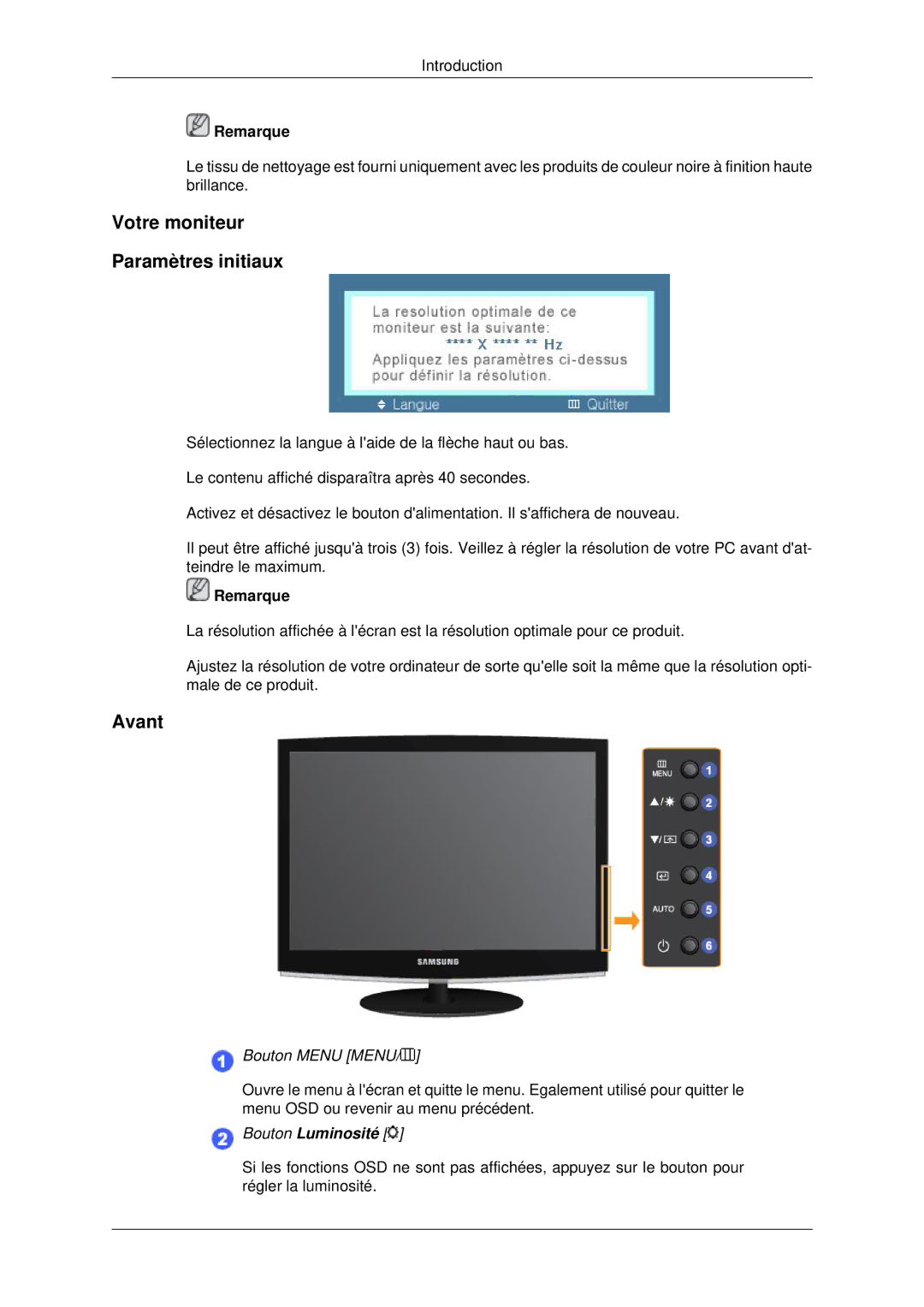 Samsung LS20CMYKFNA/EN, LS22CMYKFNA/EN, LS20CMYKF/EN, LS22CMYKF/EN manual Votre moniteur Paramètres initiaux, Avant 